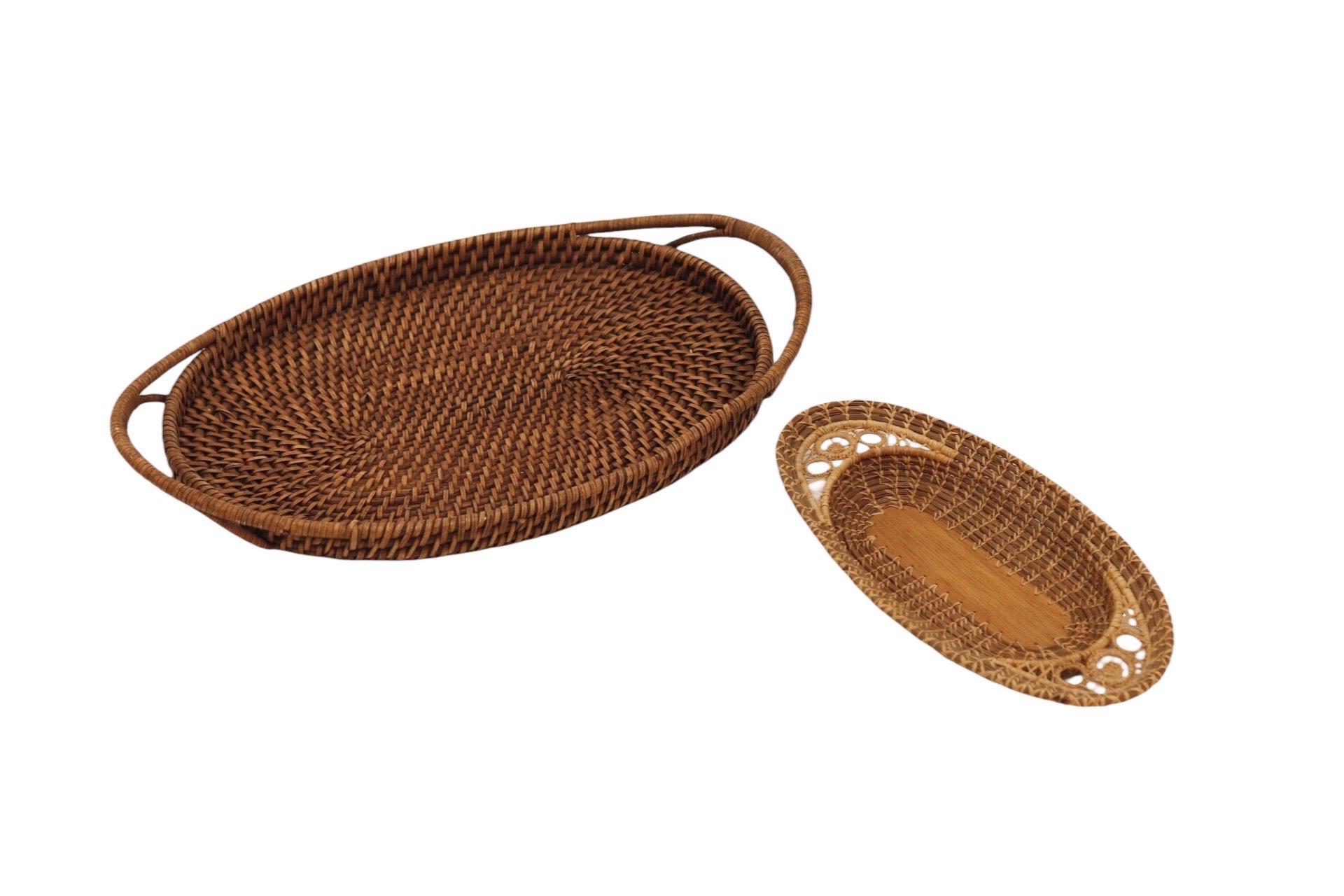 Rustic Rattan & Pine Needle Serving Trays - Set of 2 For Sale