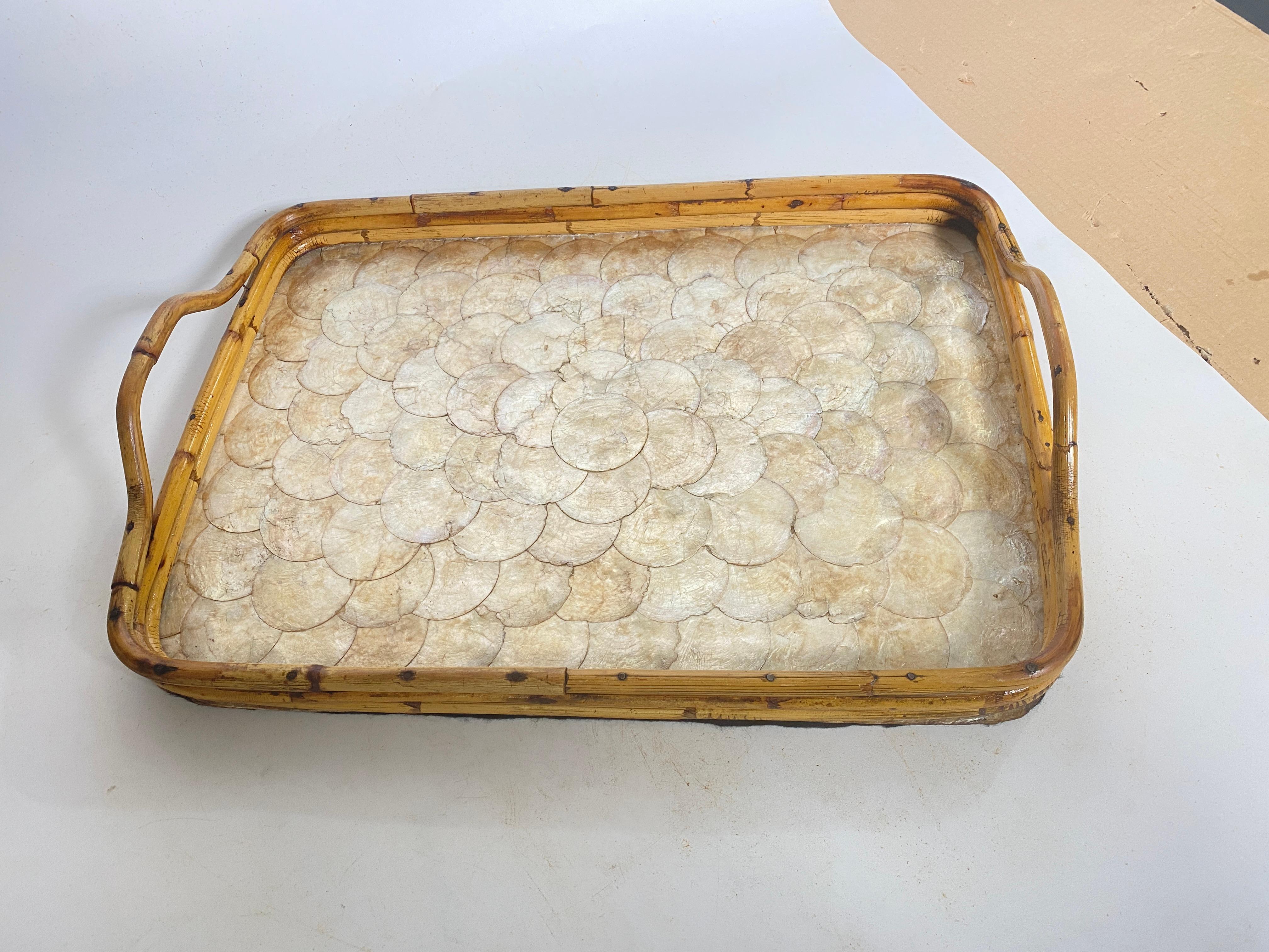 Rattan Platter with Decor mother-of-pearl pellets Rectangular  Shape Italy 1970 For Sale 2