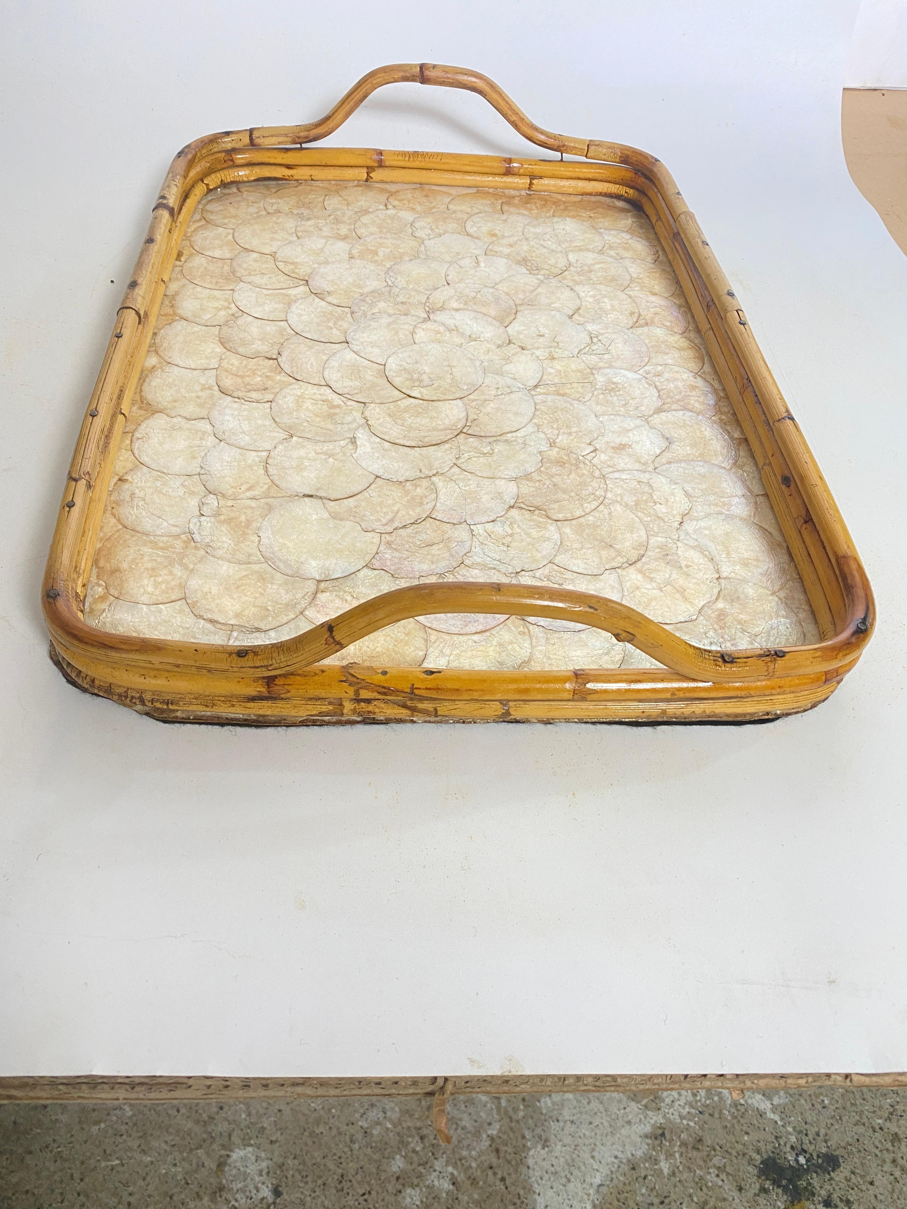 Rattan Platter with Decor mother-of-pearl pellets Rectangular  Shape Italy 1970 For Sale 4