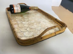 Plat en rotin avec décor de pastilles de nacre Rectangulaire  Forme Italie 1970