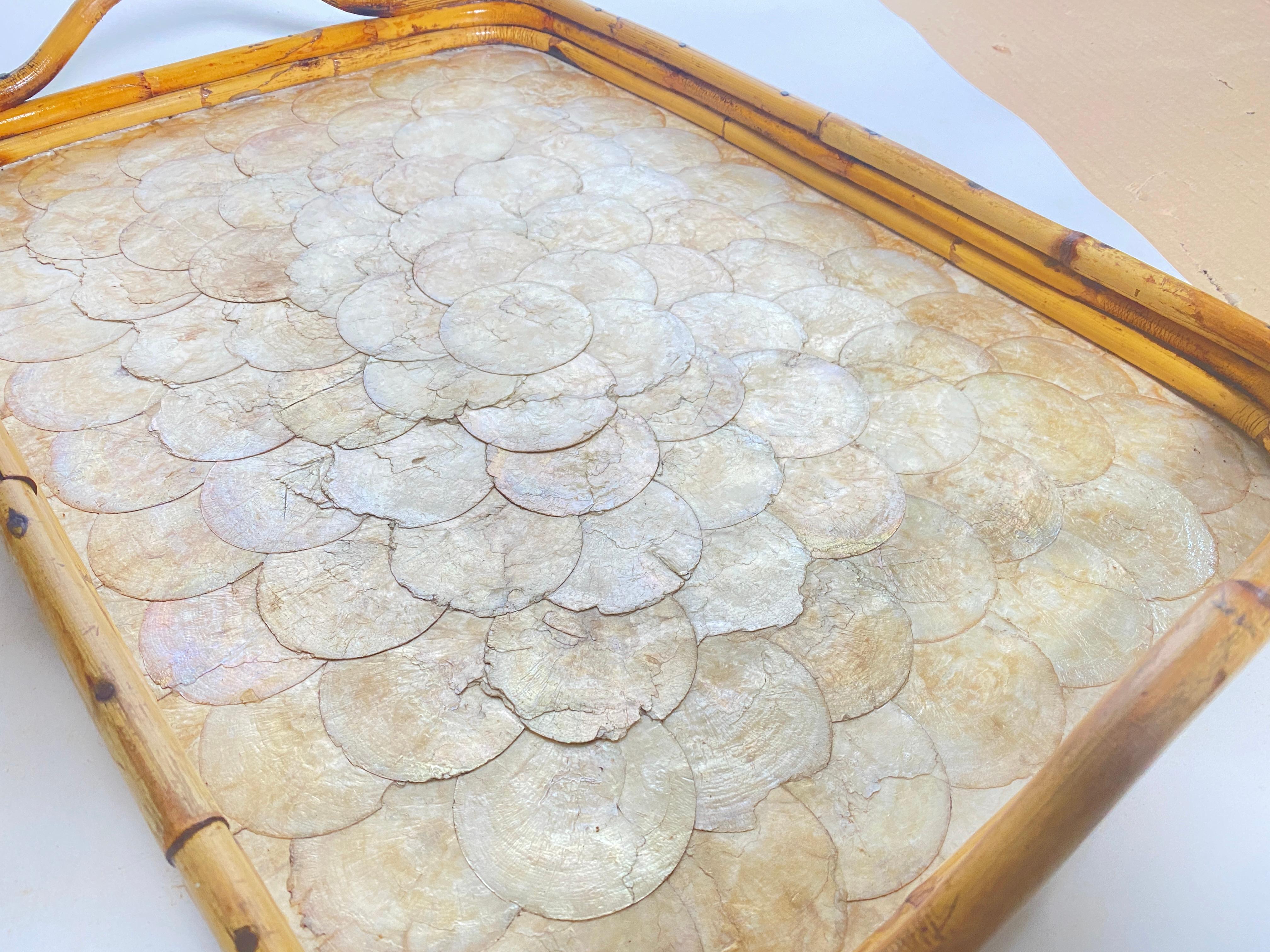 Mother-of-Pearl Rattan Platter with Decor mother-of-pearl pellets Rectangular  Shape Italy 1970 For Sale