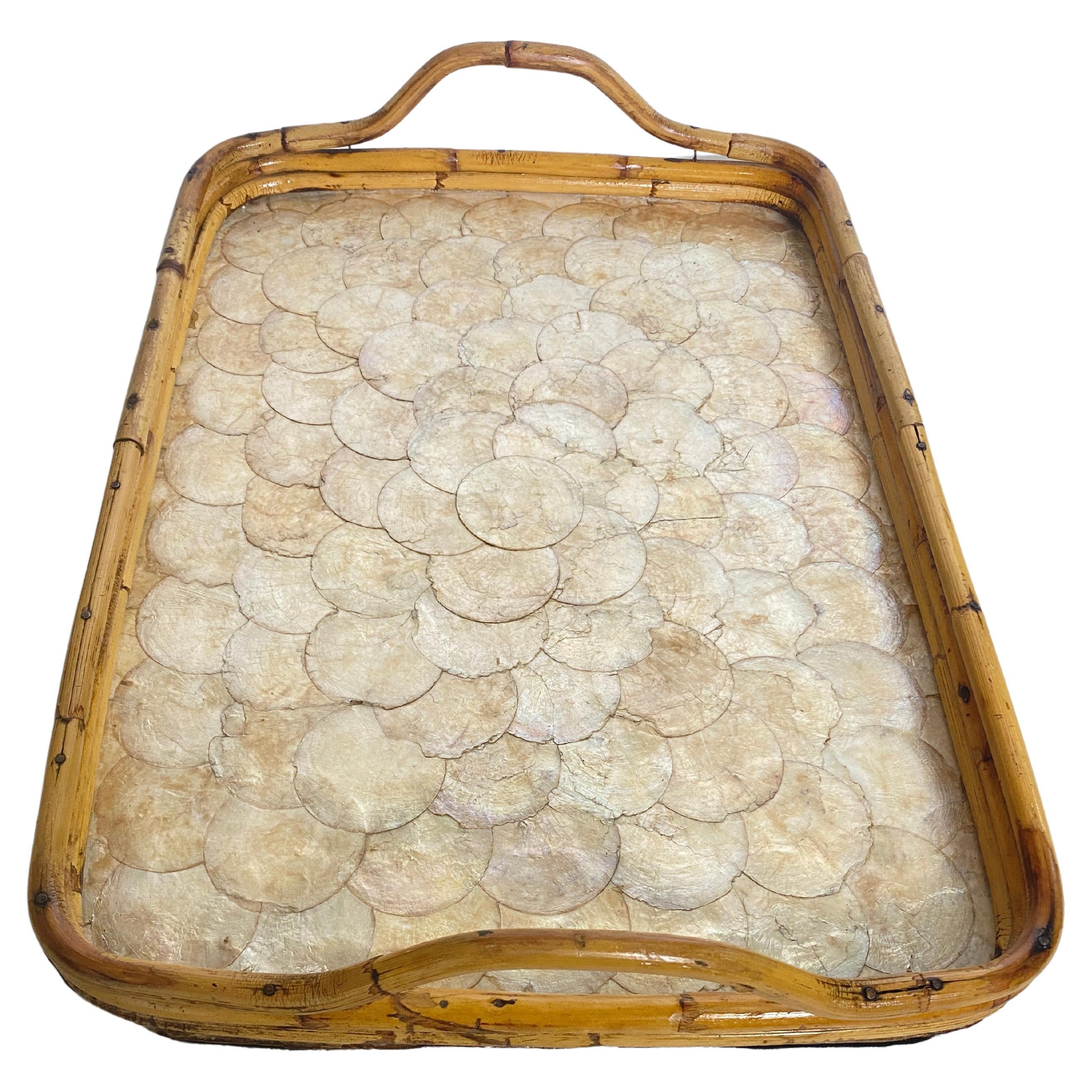 Rattan Platter with Decor mother-of-pearl pellets Rectangular  Shape Italy 1970