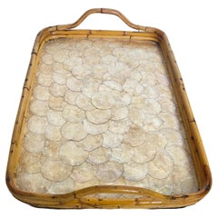 Vintage Rattan Platter with Decor mother-of-pearl pellets Rectangular  Shape Italy 1970