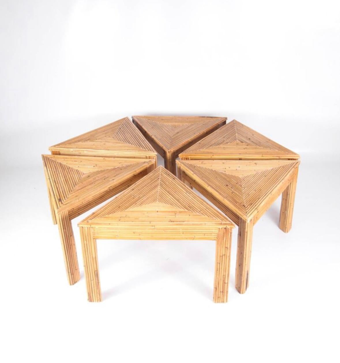 Create your own coffee table shape with these fun yet 6 functional rattan triangle tables. High quality work, entirely hand made. Excellent condition.