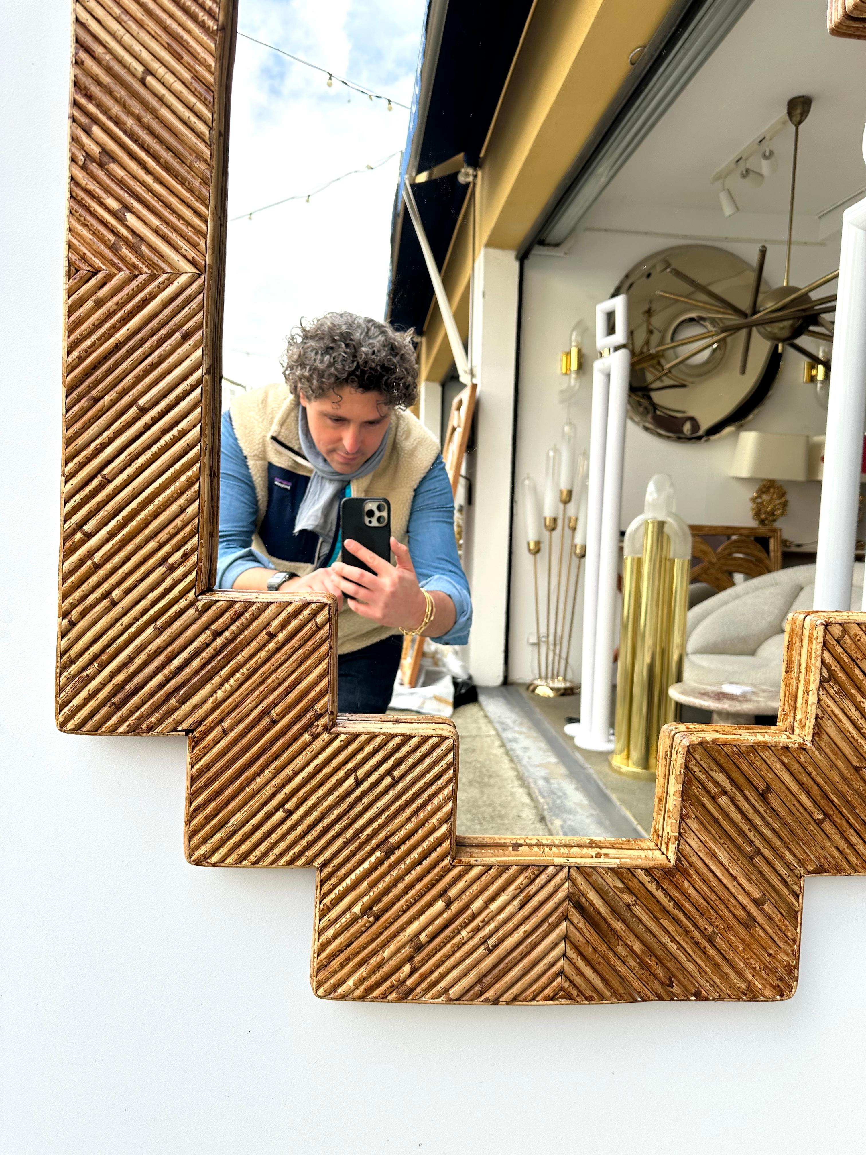 Late 20th Century Rattan Pyramid Mirror by Vivai Del Sud. Italy, 1970s For Sale