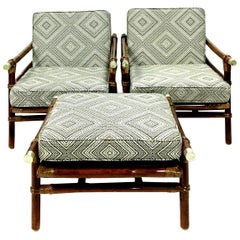 Rattan Raffia & Brass Pair of Lounge Chairs and Ottoman by, Ficks Reed Set of 3