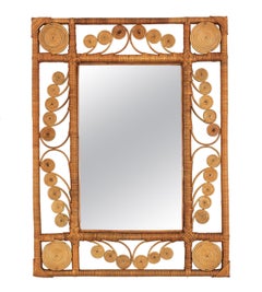 Rattan Rectangular Mirror with Filigree Peacock Frame, Spain, 1960s