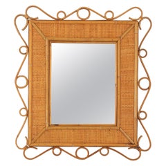 Vintage Rattan Rectangular Mirror with Scroll Motif, Franco Albini Style