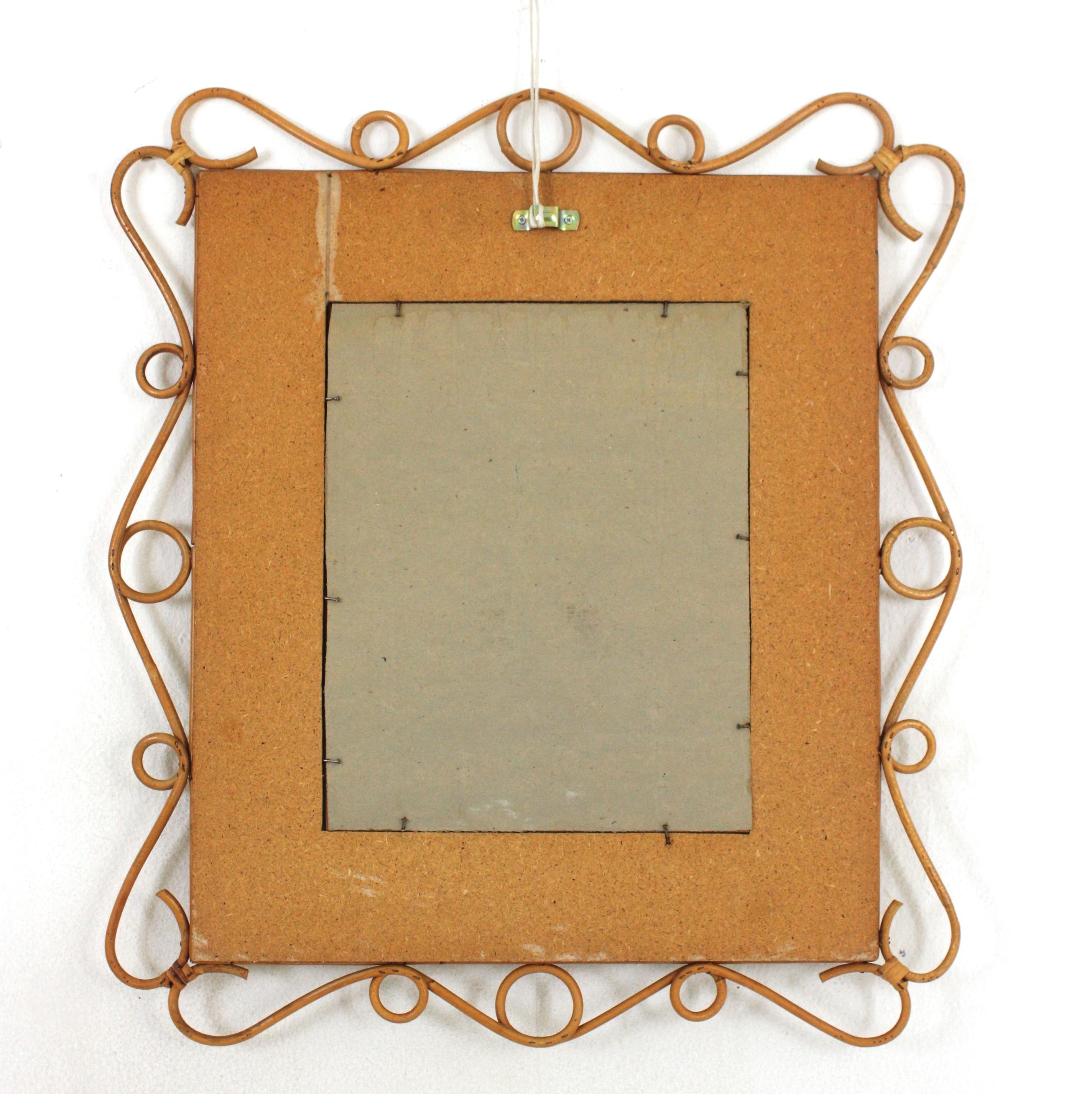 Rattan Rectangular Mirror with Scroll Motif, Franco Albini Style For Sale 2