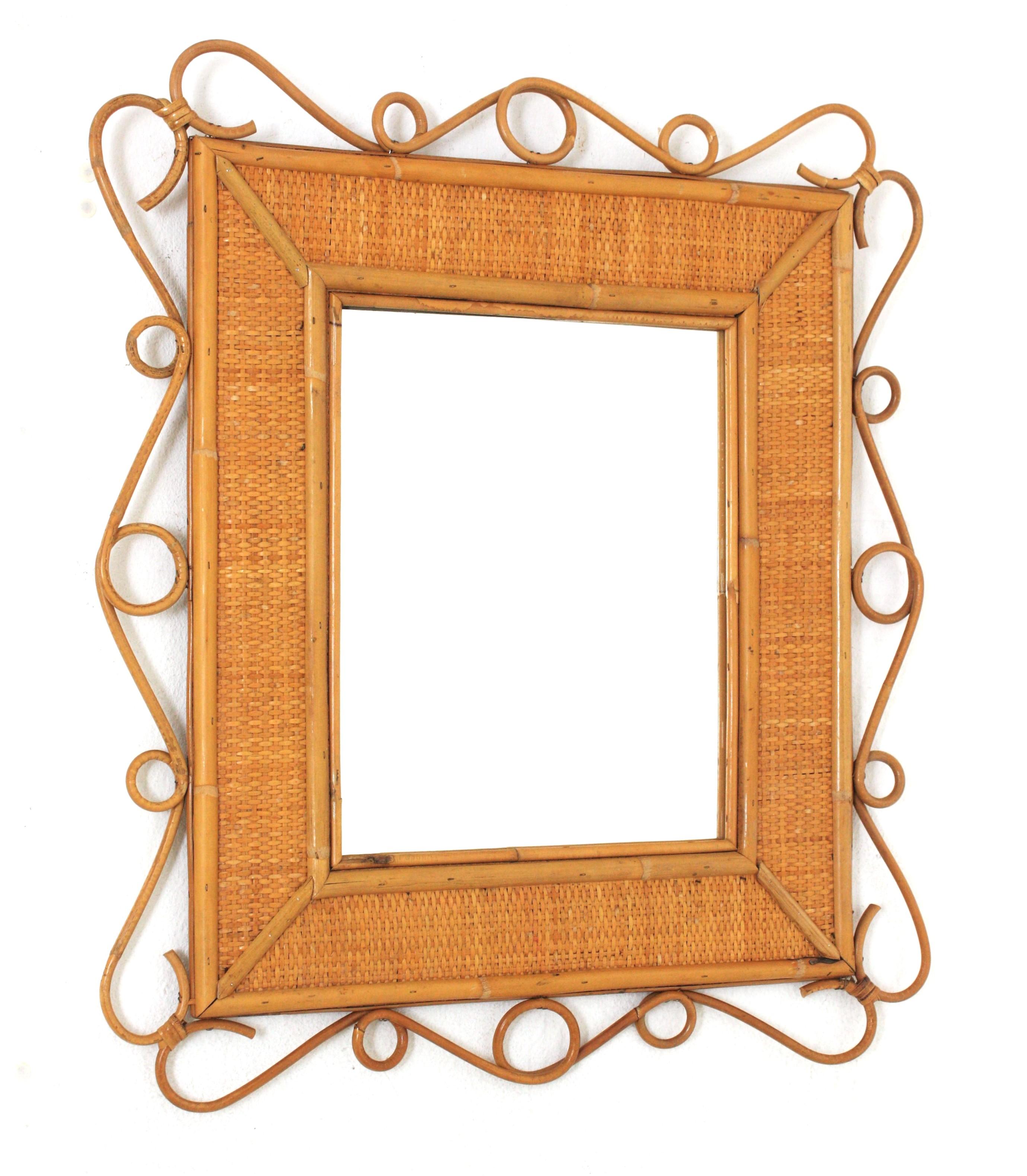 Rattan wall mirror, Franco Albini Style. Italy, 1960s.
A highly decorative wicker wire and rattan mirror with the taste of the Mediterranean Coast style. Handcrafted in the manner of Franco Albini. Excellent vintage condition.
A woven wicker