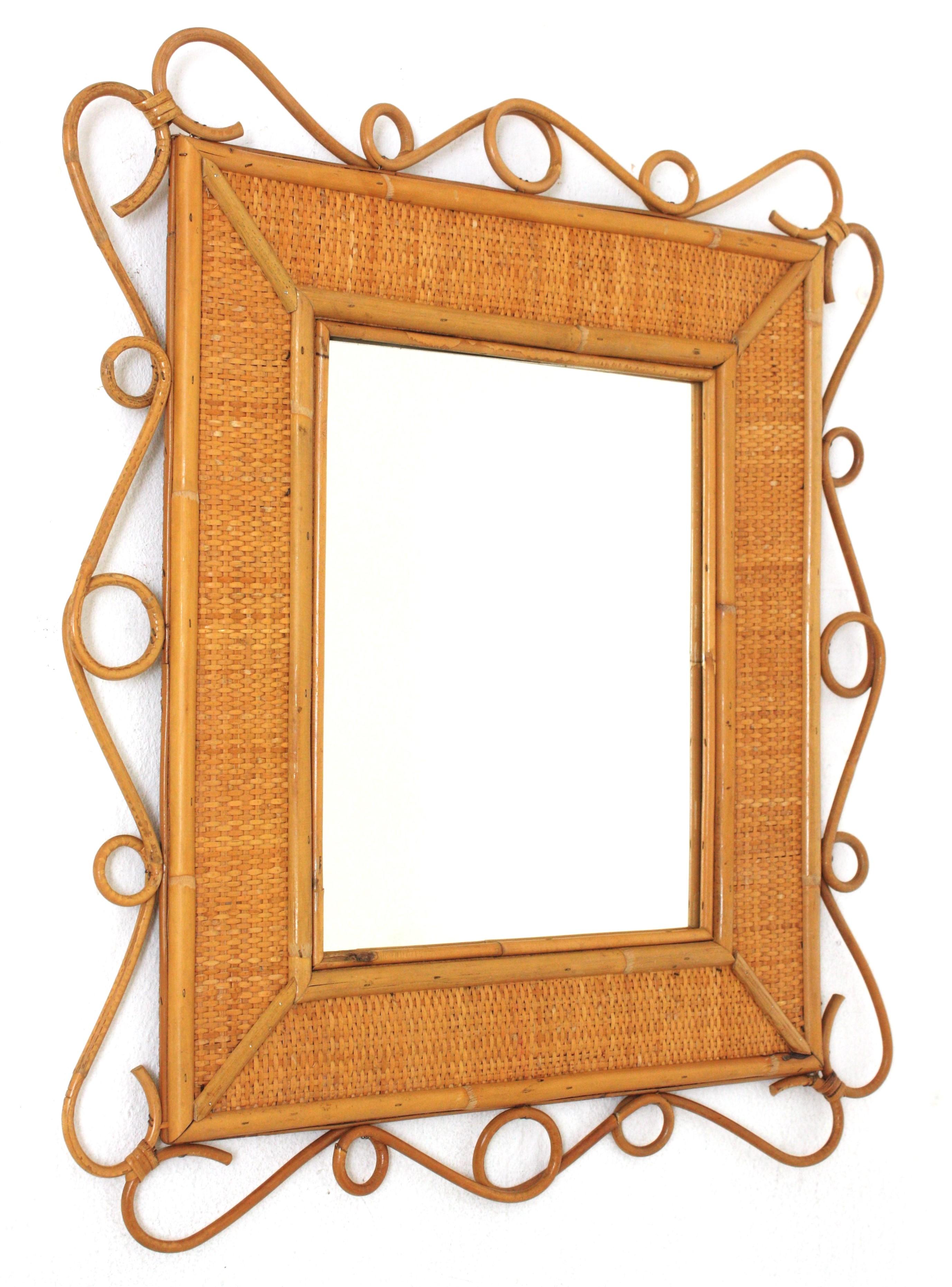 Mid-Century Modern Rattan Rectangular Mirror with Scroll Motif, Franco Albini Style For Sale