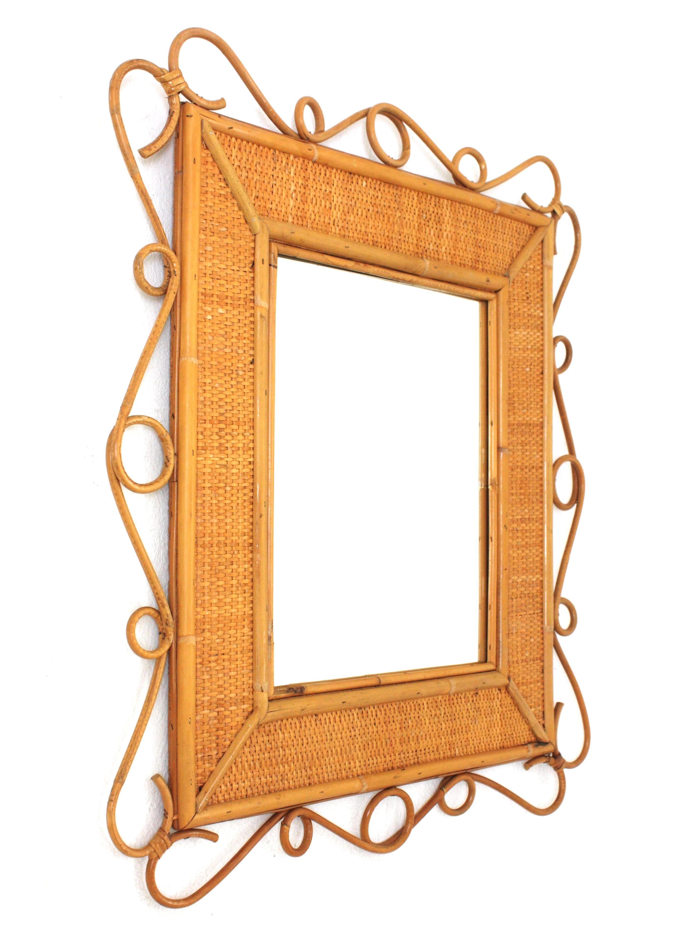 Italian Rattan Rectangular Mirror with Scroll Motif, Franco Albini Style