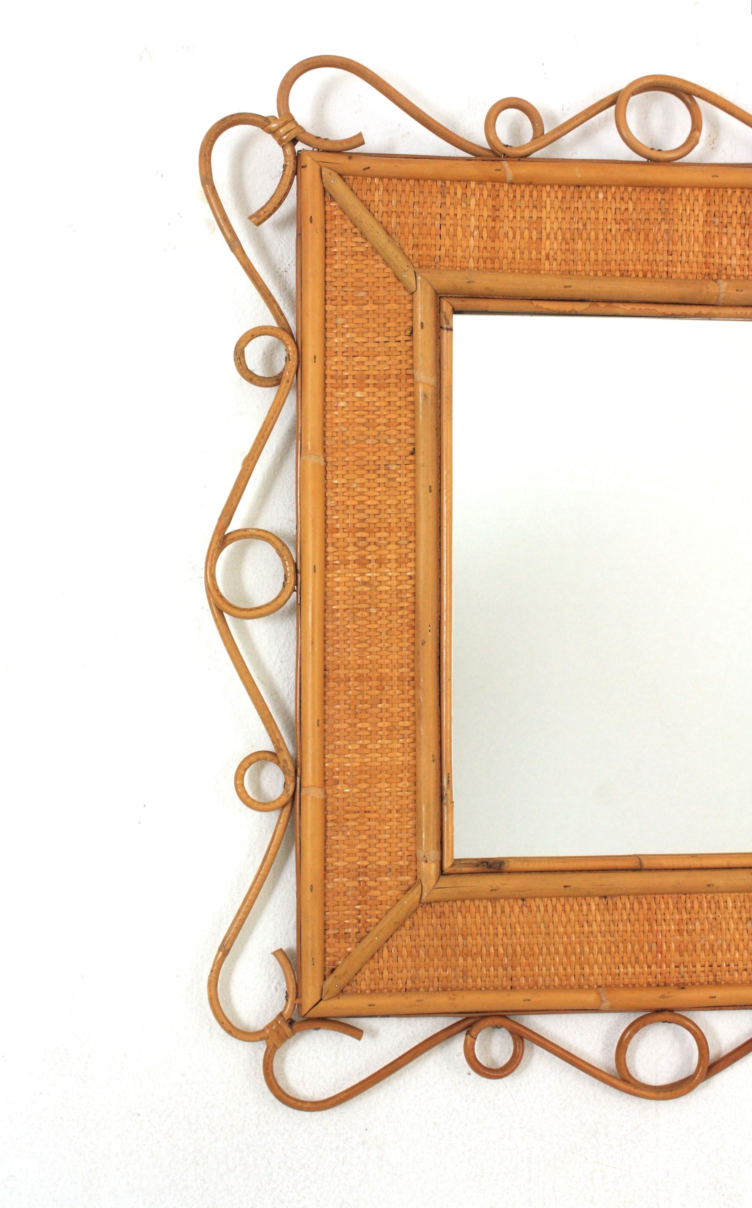 Hand-Crafted Rattan Rectangular Mirror with Scroll Motif, Franco Albini Style For Sale