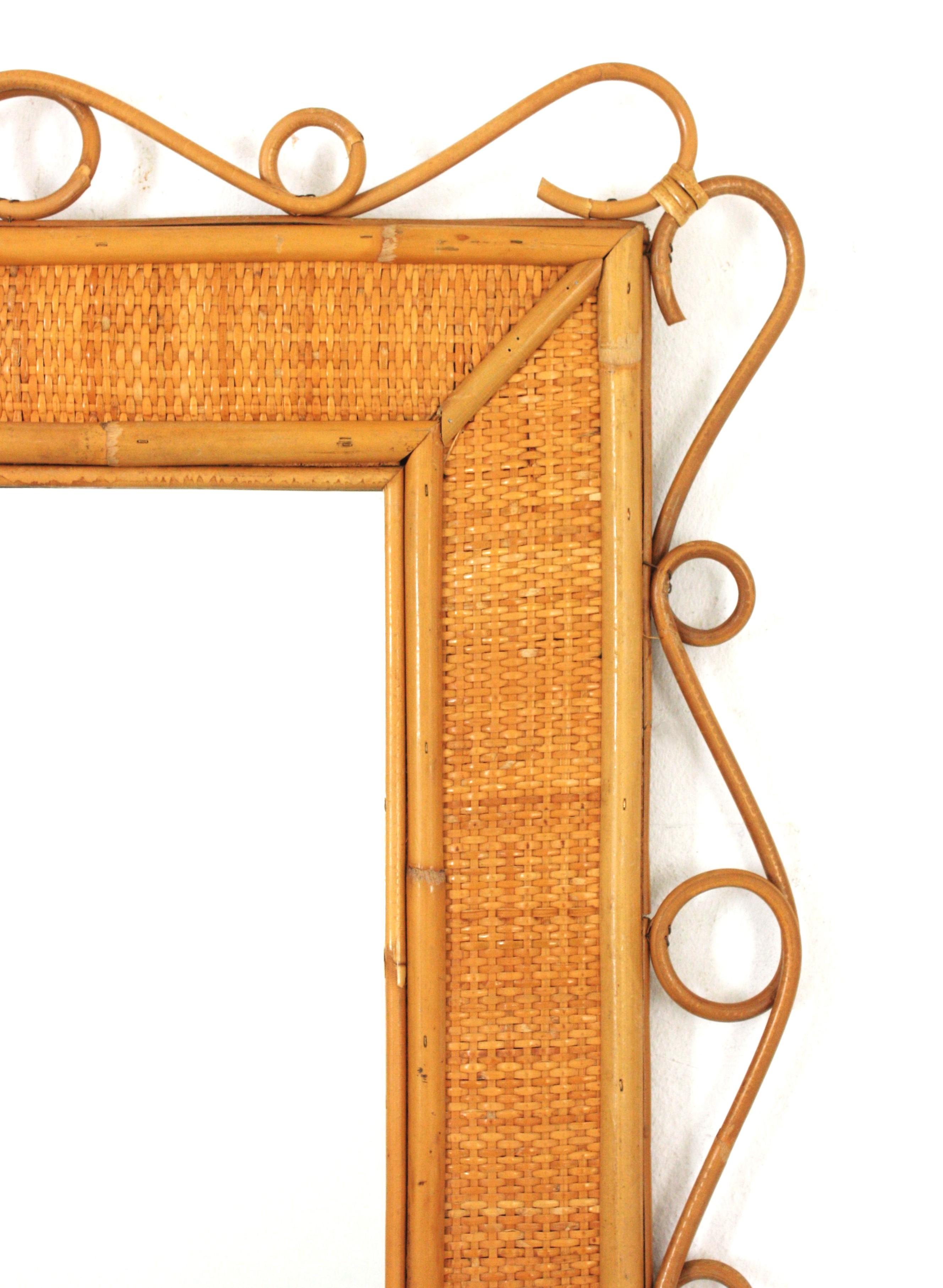 20th Century Rattan Rectangular Mirror with Scroll Motif, Franco Albini Style For Sale