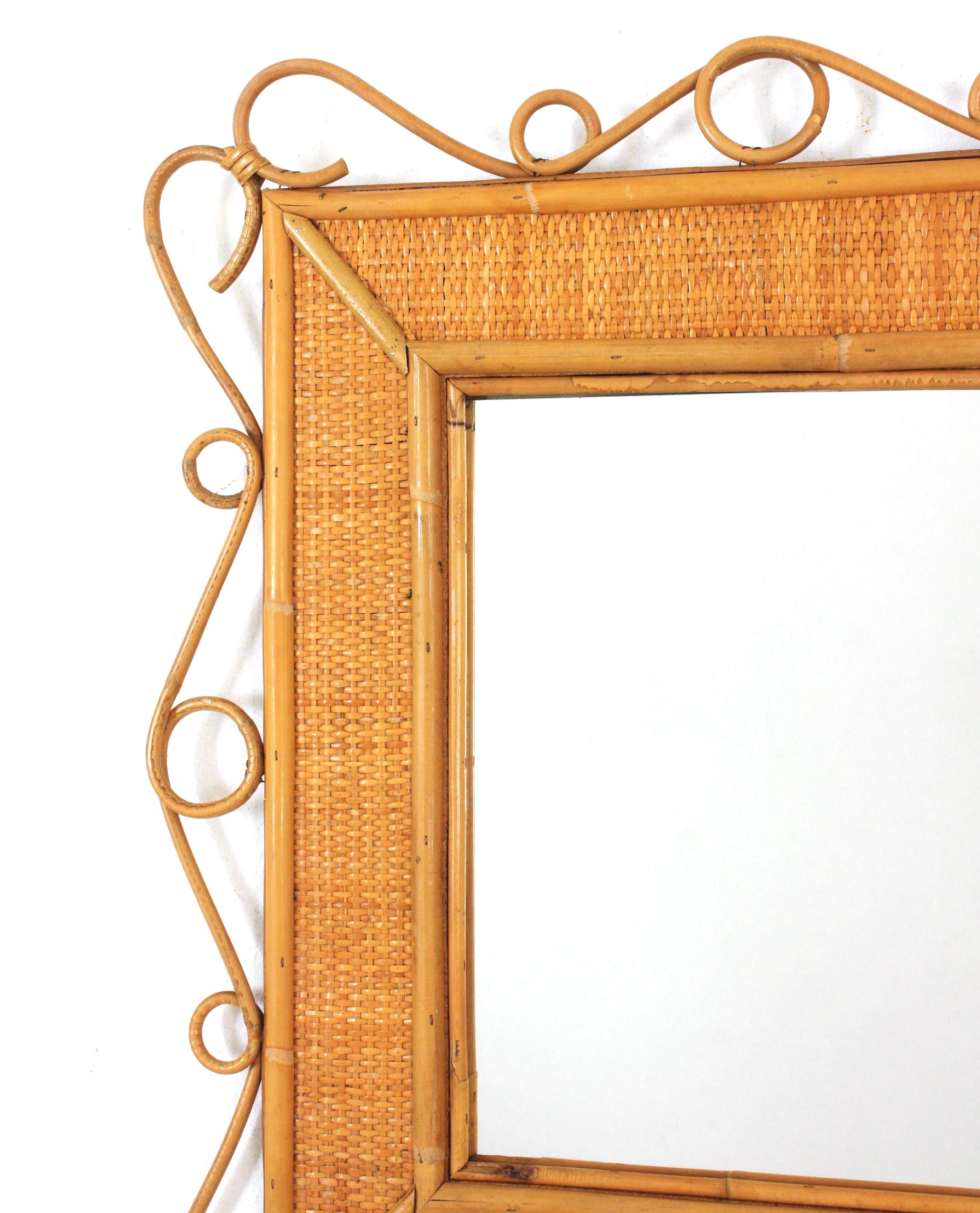 Bamboo Rattan Rectangular Mirror with Scroll Motif, Franco Albini Style For Sale
