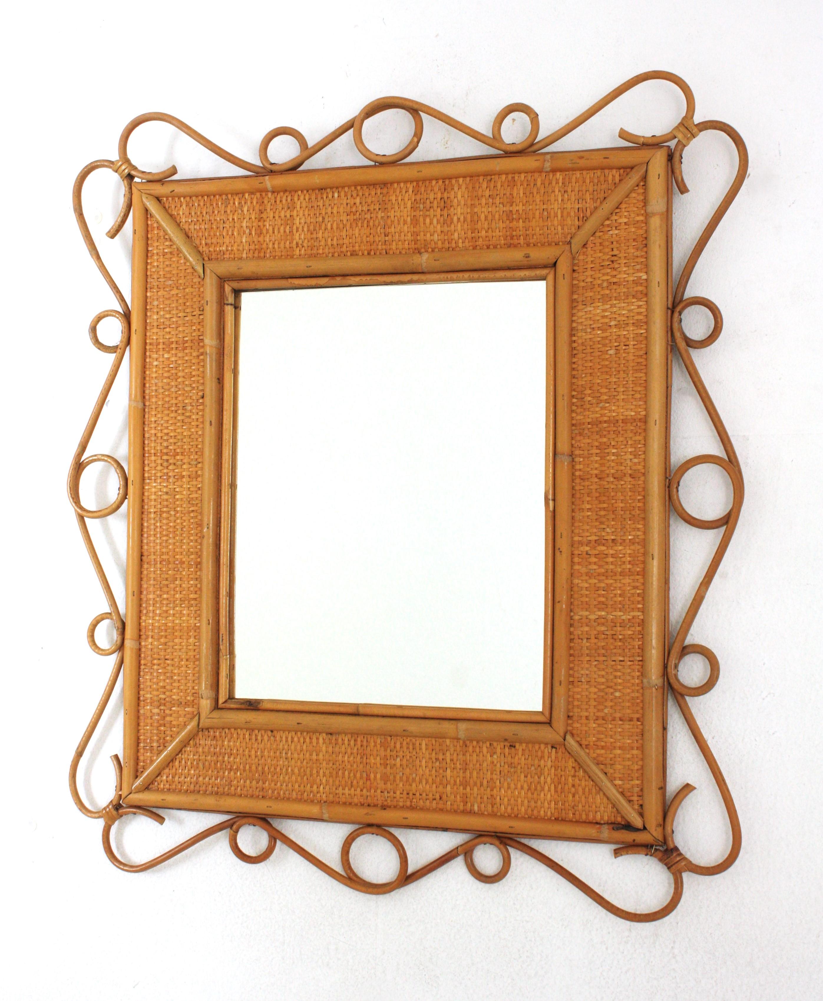 Rattan Rectangular Mirror with Scroll Motif, Franco Albini Style For Sale 1