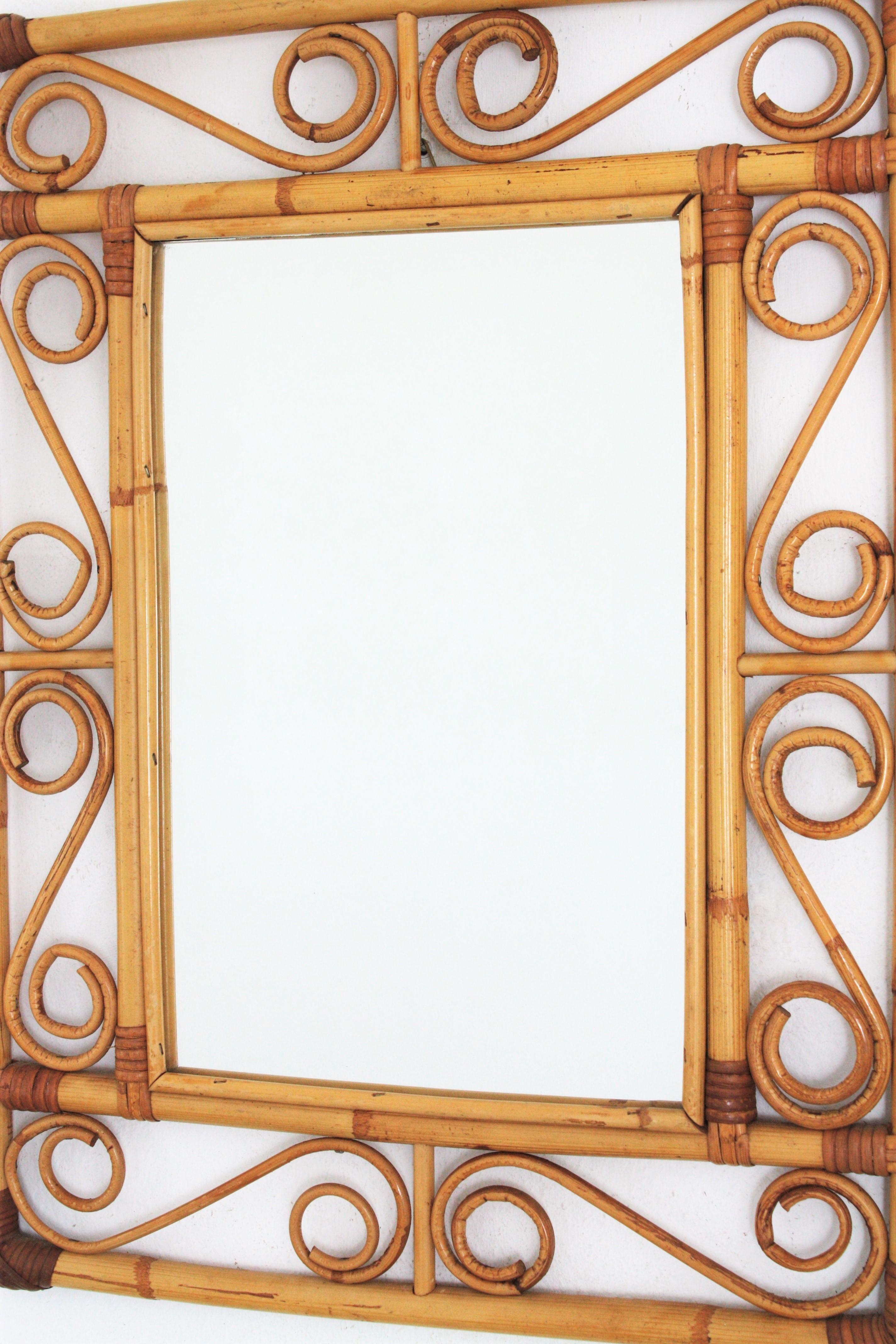 Mid-Century Modern Rattan Rectangular Mirror with Scroll Motifs in the Style of Franco Albini