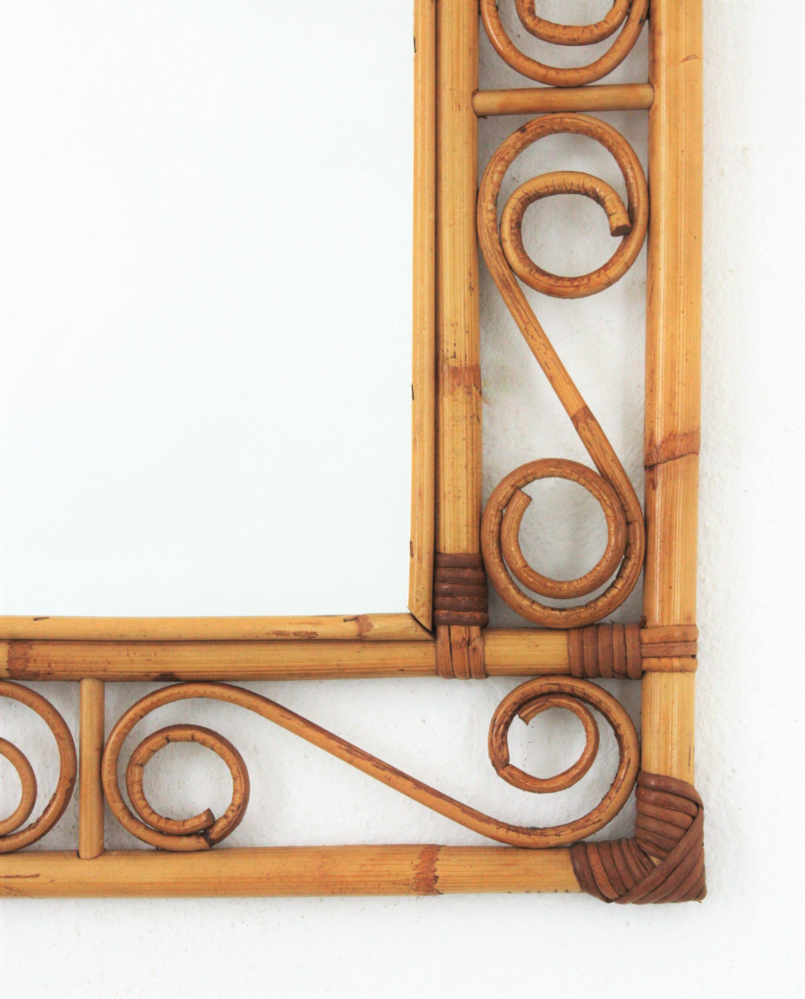 Spanish Rattan Rectangular Mirror with Scroll Motifs in the Style of Franco Albini