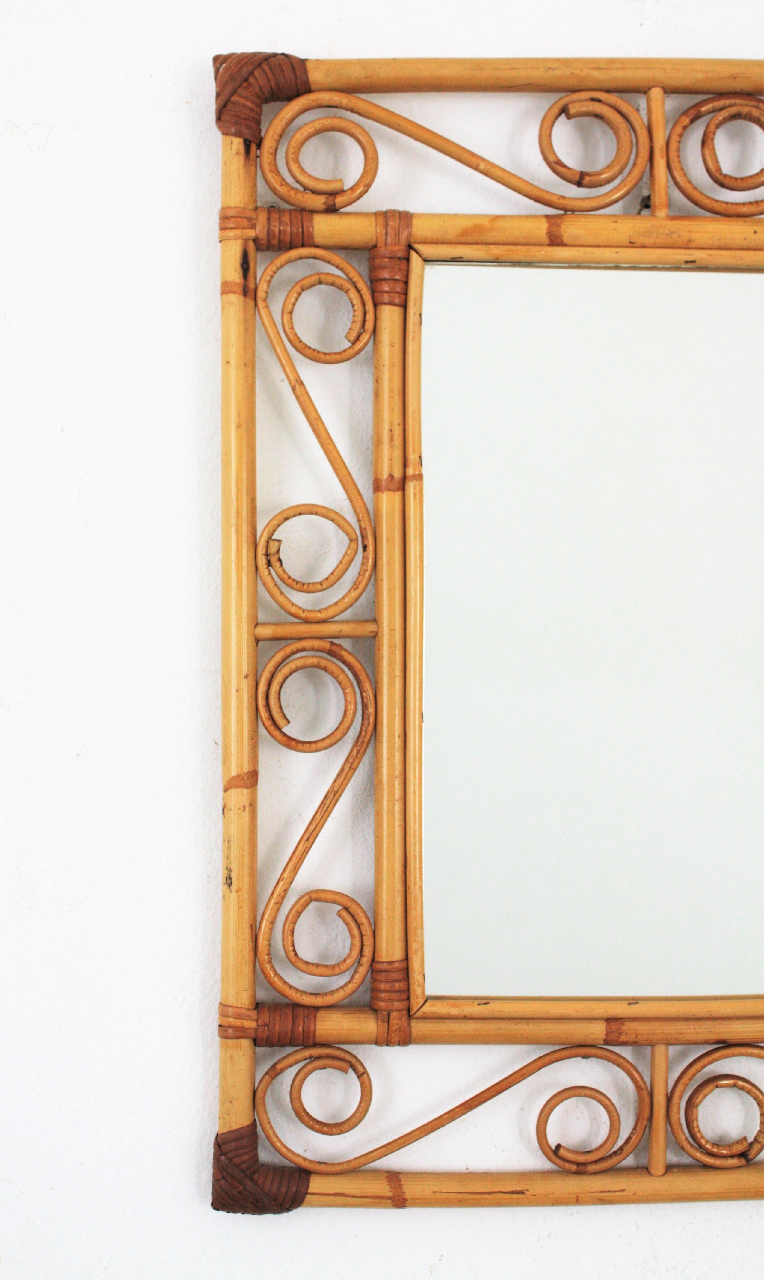 20th Century Rattan Rectangular Mirror with Scroll Motifs in the Style of Franco Albini
