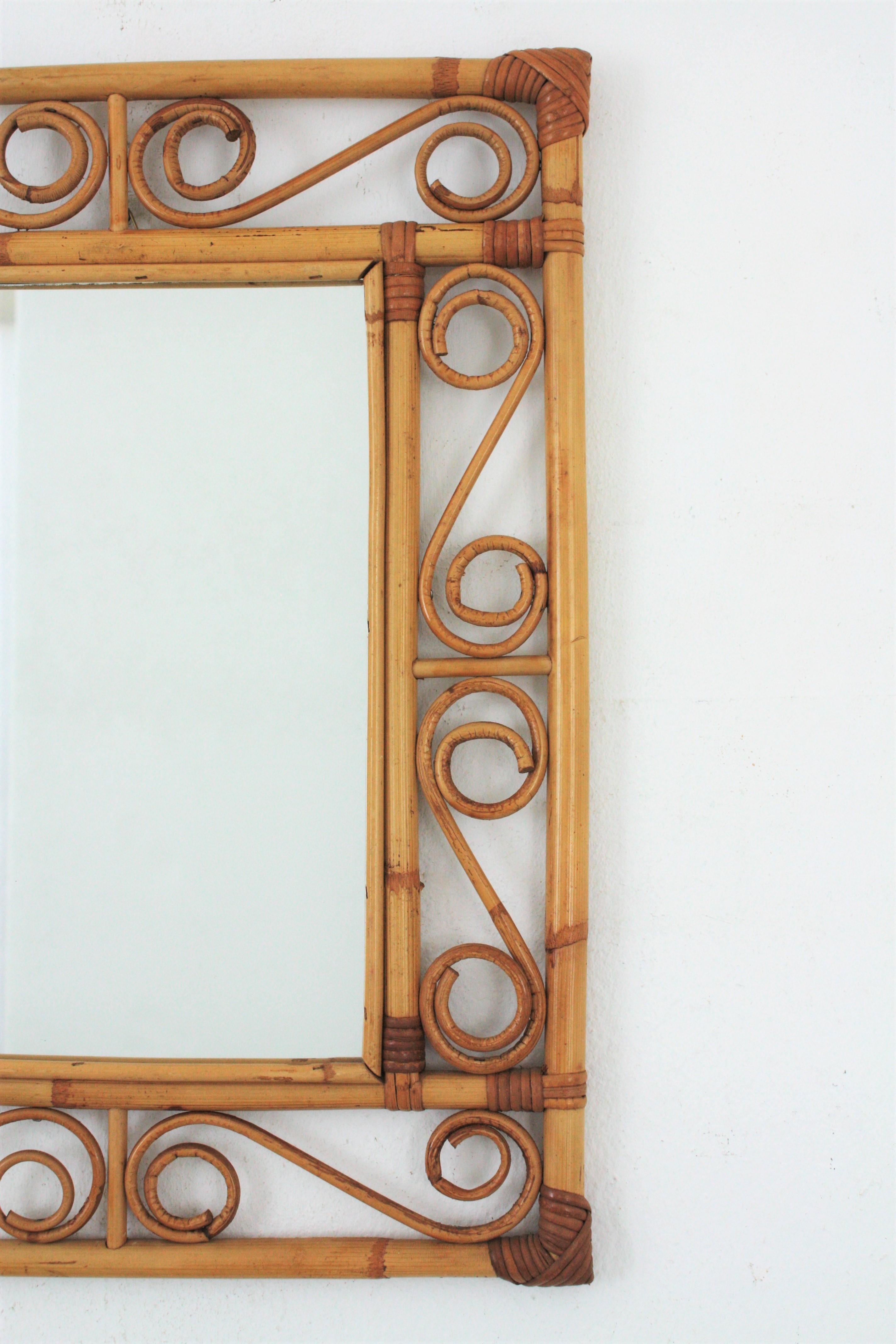Bamboo Rattan Rectangular Mirror with Scroll Motifs in the Style of Franco Albini