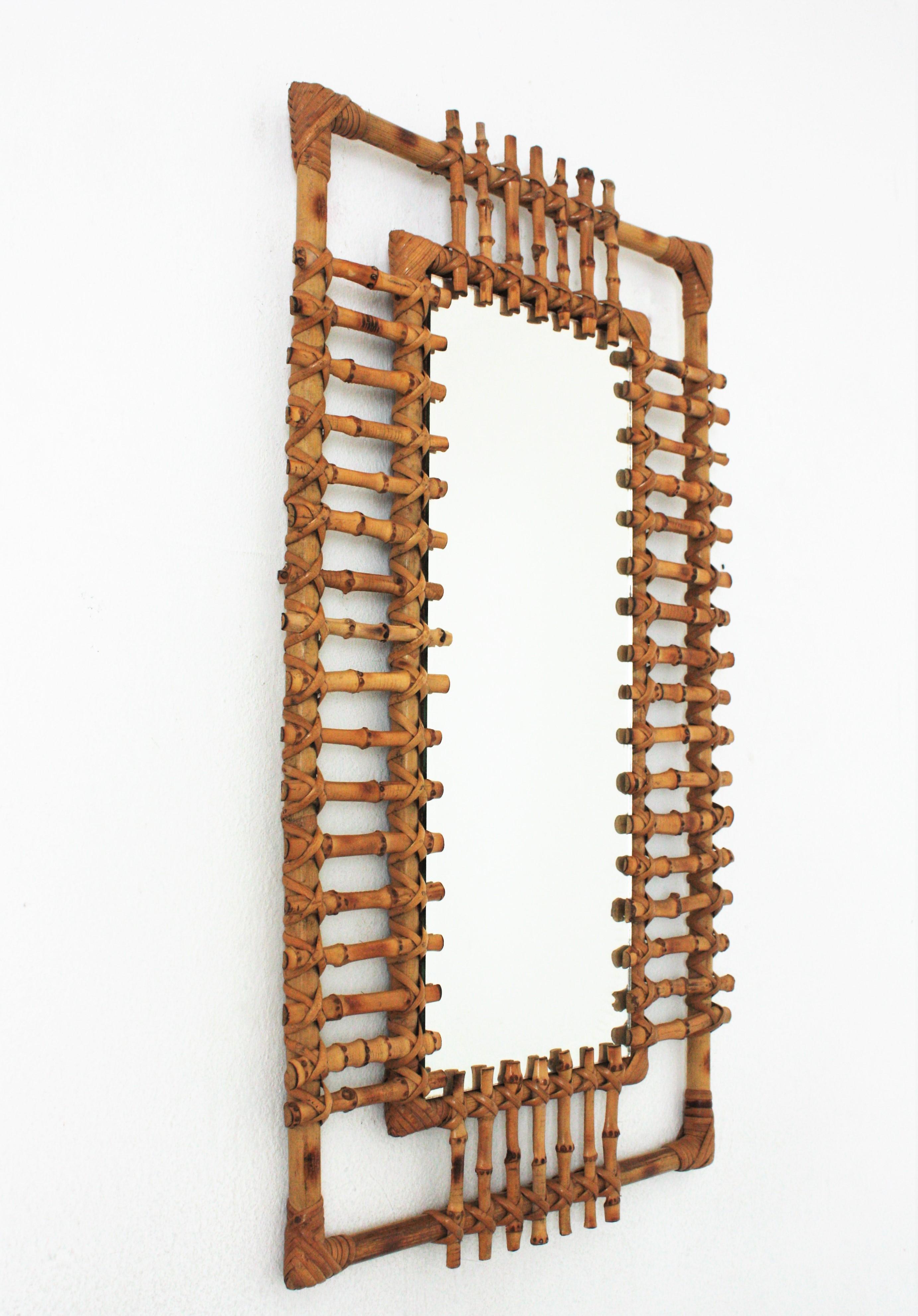 French Rattan Rectangular Sunburst Mirror from France, 1950s For Sale