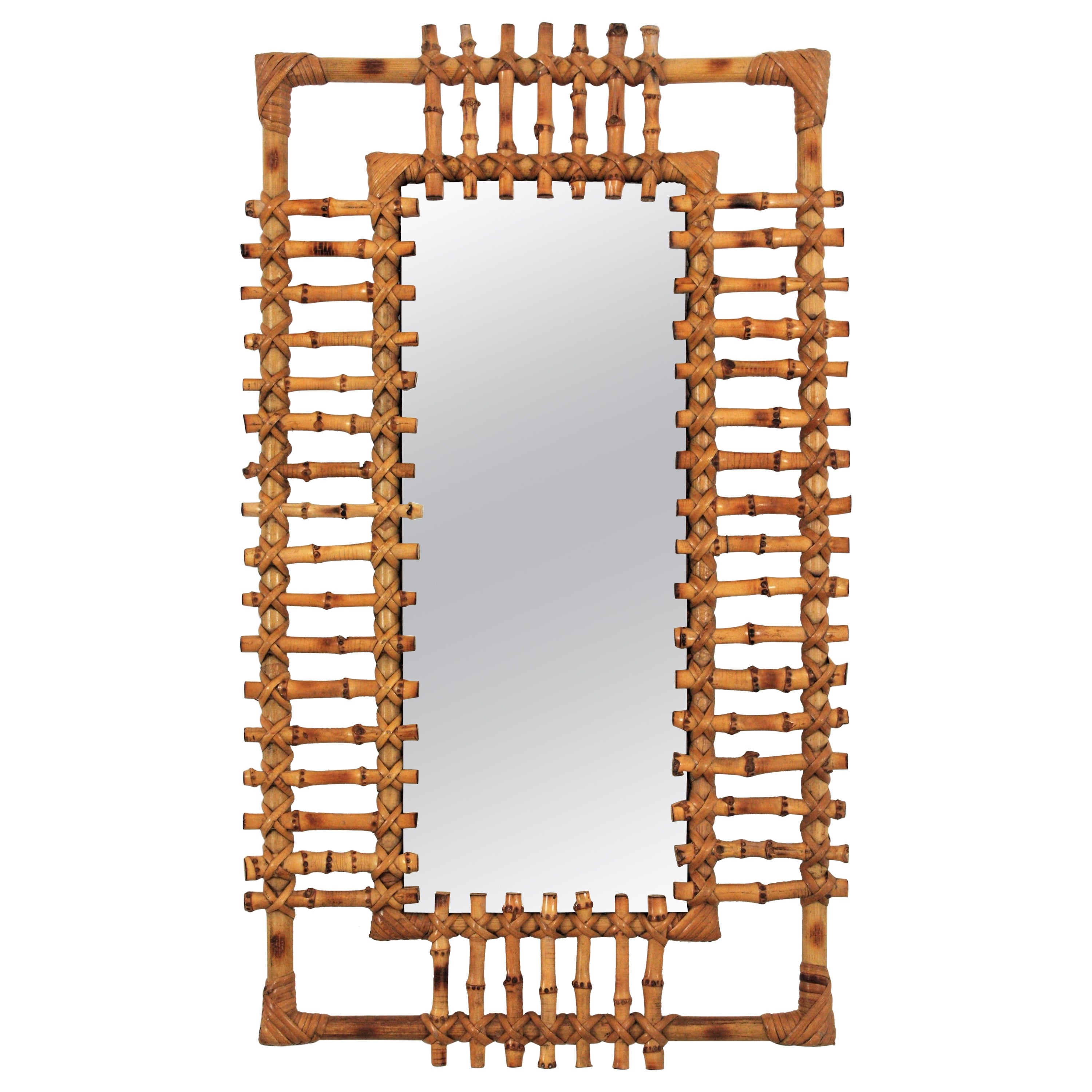 Rattan Rectangular Sunburst Mirror from France, 1950s