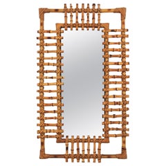 Rattan Rectangular Sunburst Mirror from France, 1950s