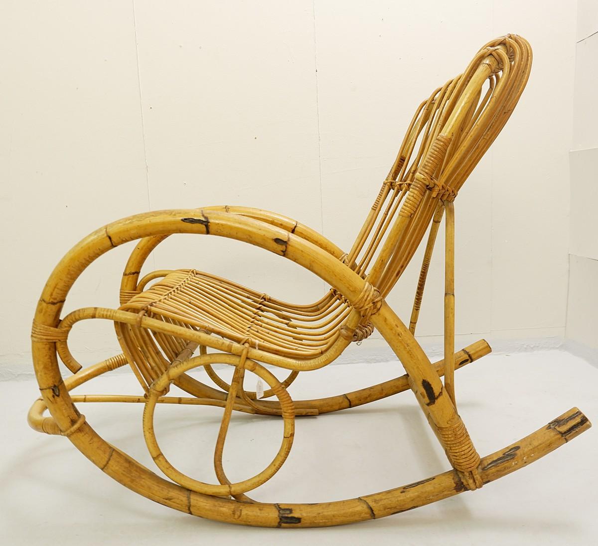 Mid-Century Modern Rattan Rocking Chair by Rohe Noordwolde, a Pair Available For Sale