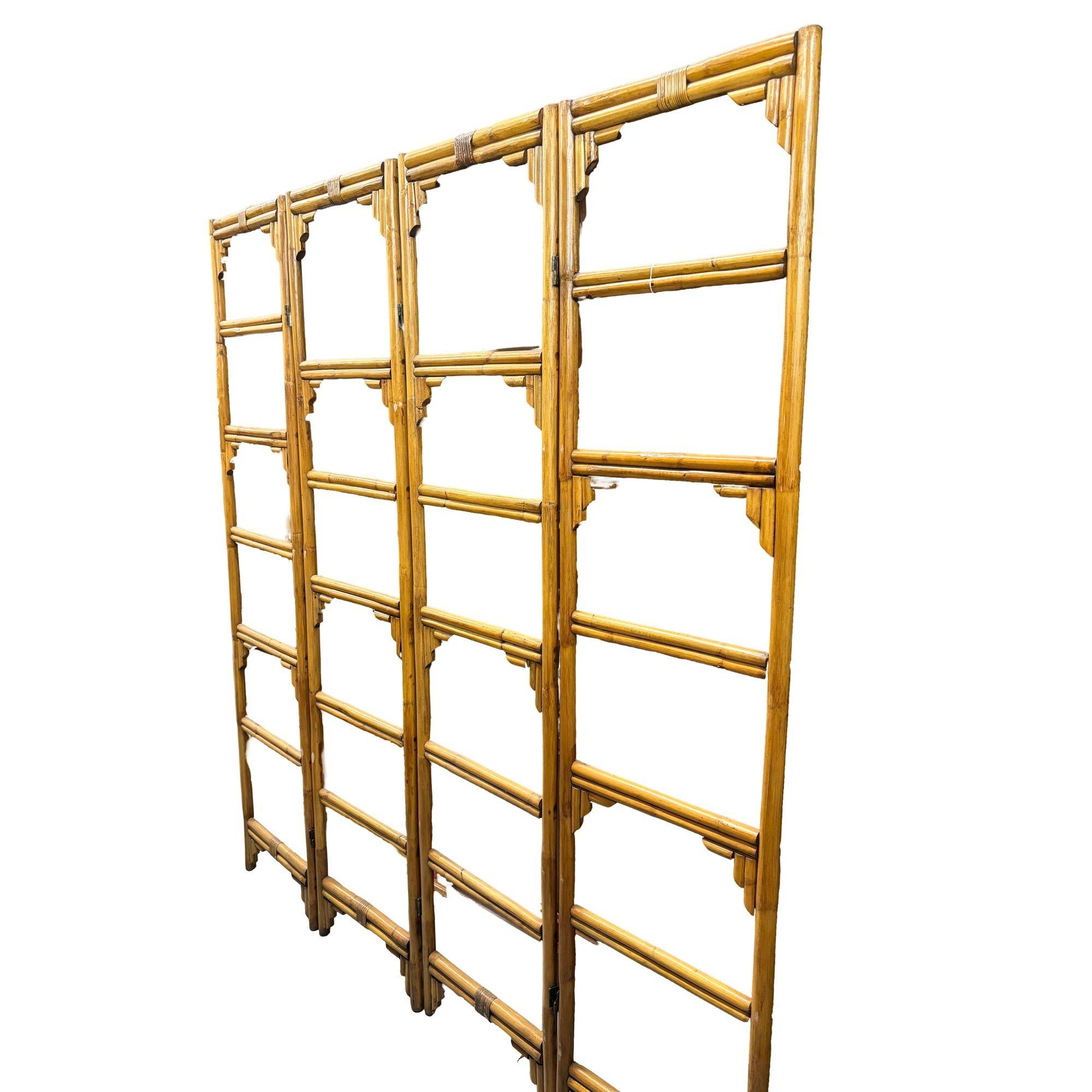 American Rattan Room Divider Folding Screen Four Panels For Sale