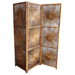 Retro Rattan Room Divider or Folding Screen by Rohé Noordwolde, 1960s