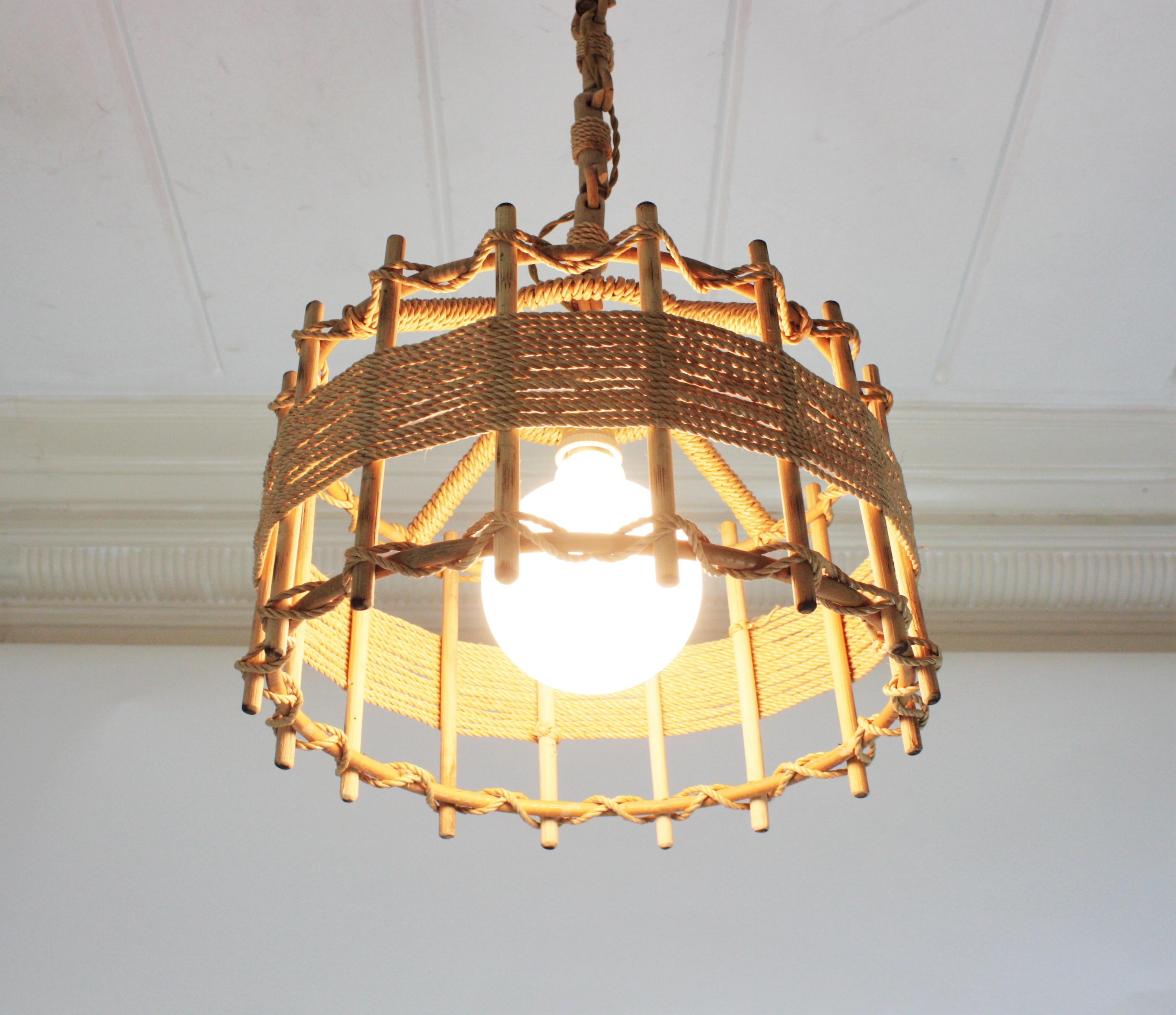 Hand-Knotted Rattan Rope Large Drum Pendant Light or Lantern For Sale