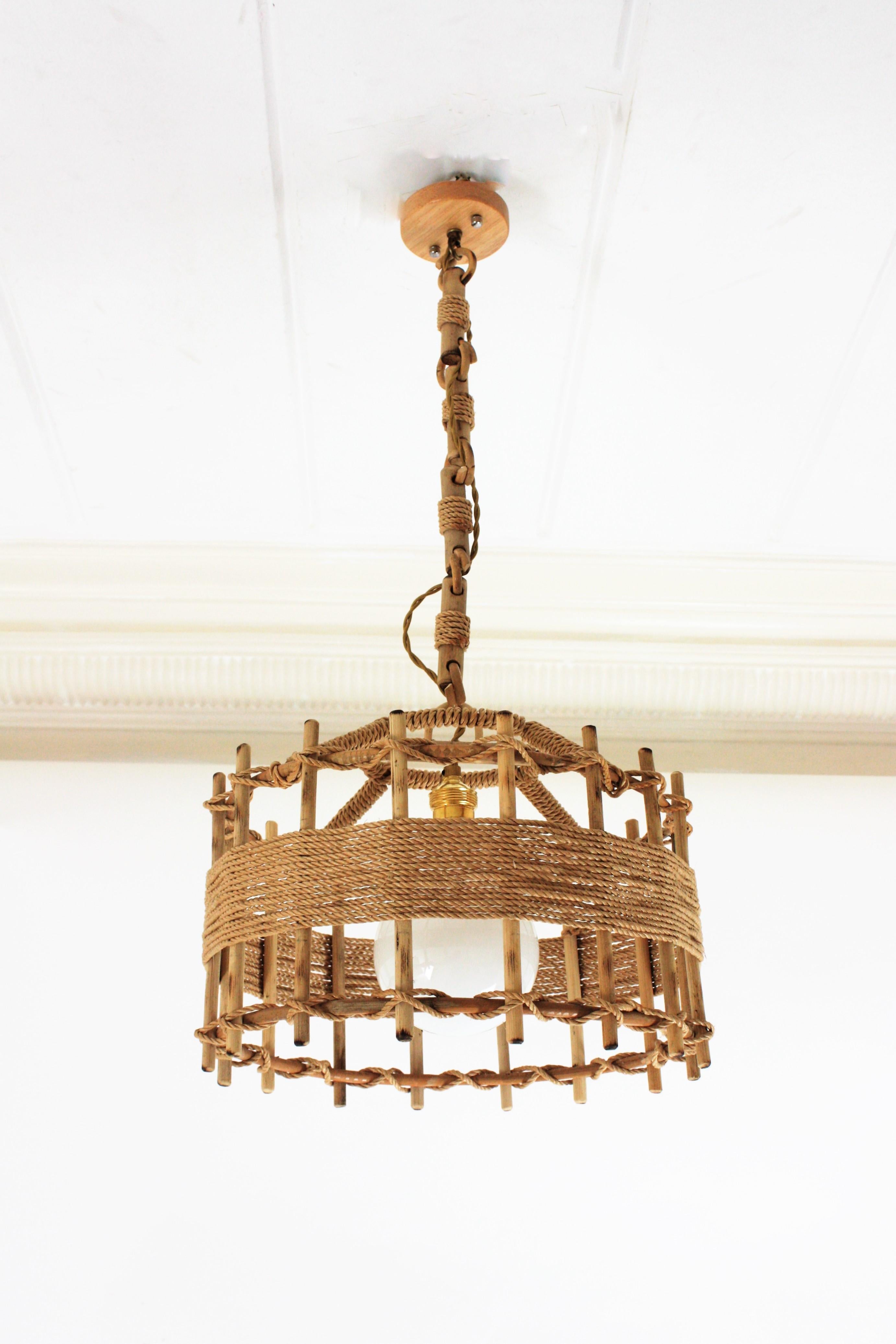 Cane Rattan Rope Large Drum Pendant Light or Lantern For Sale