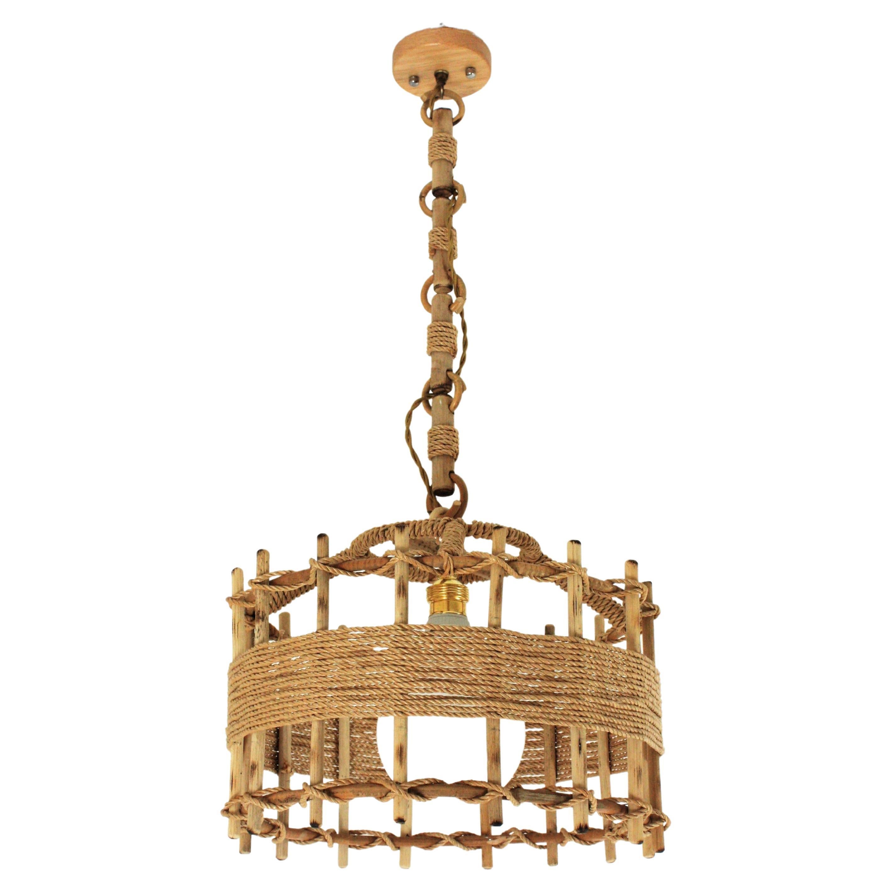 Rattan Rope Large Drum Pendant Light or Lantern For Sale