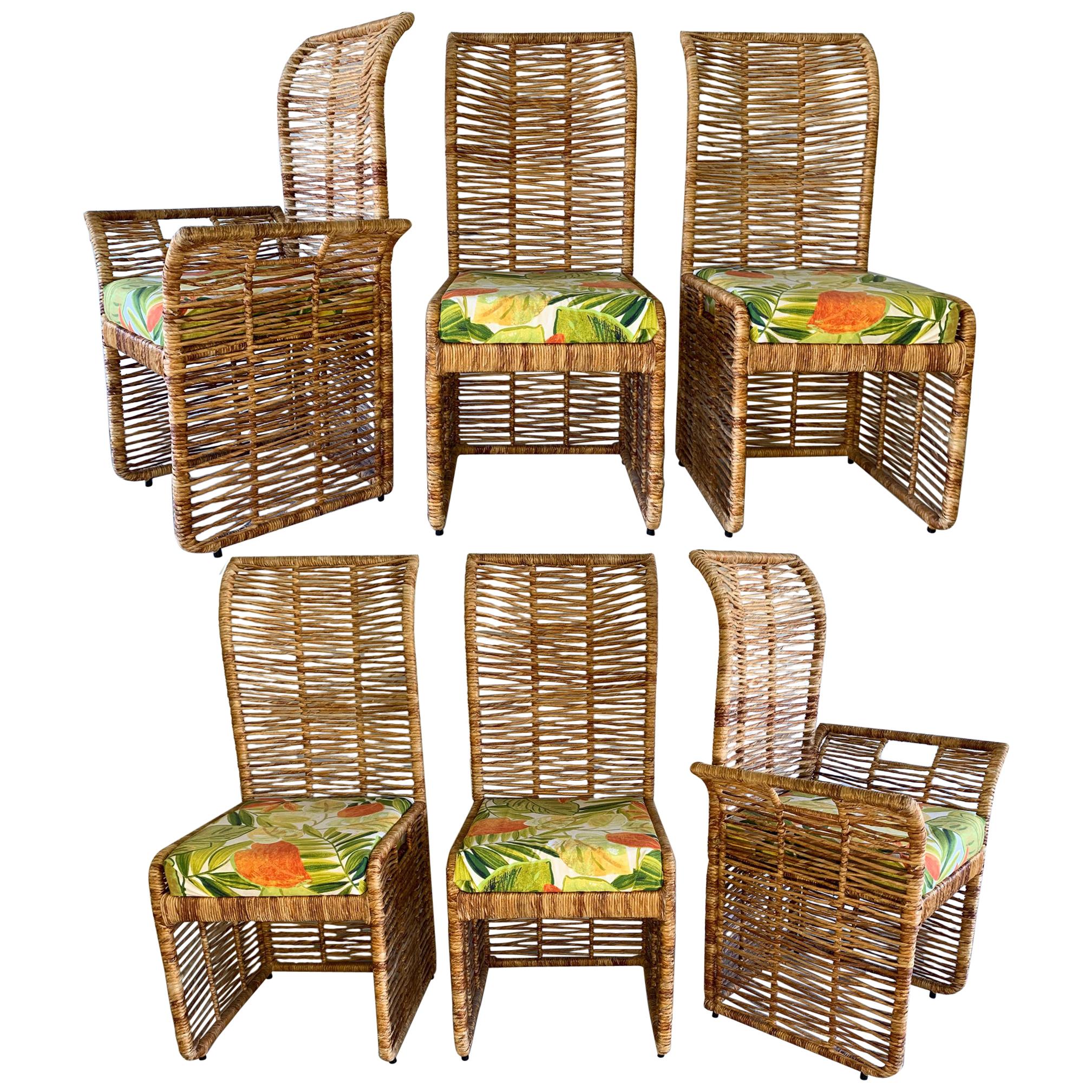Rattan Rope Jute Wrapped 6-Piece Dining Chairs For Sale