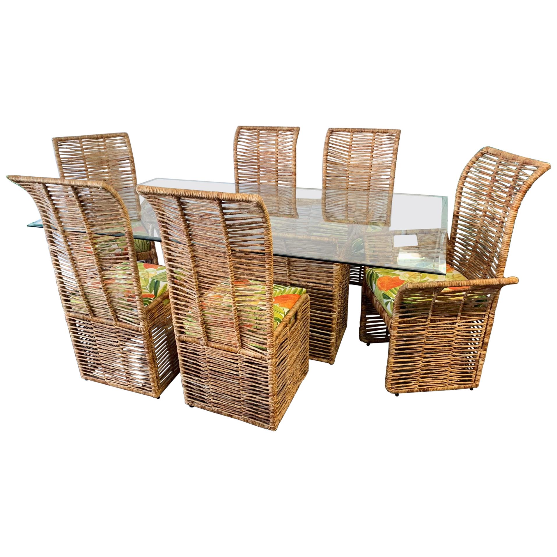 Rattan Jute Rope Wrapped 7-Piece Dining Set