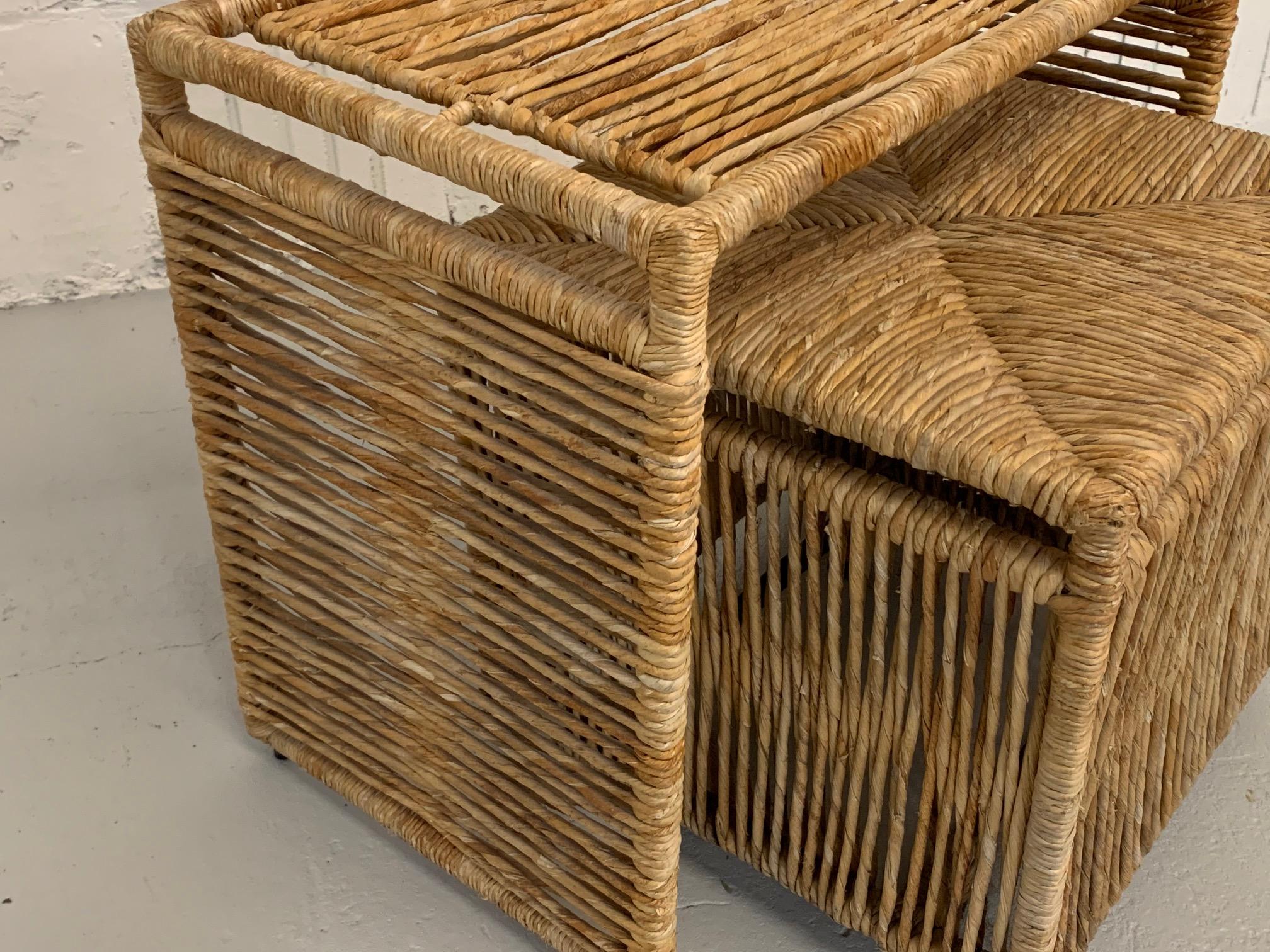 Hollywood Regency Rattan Rope Jute Wrapped Nesting Tables For Sale
