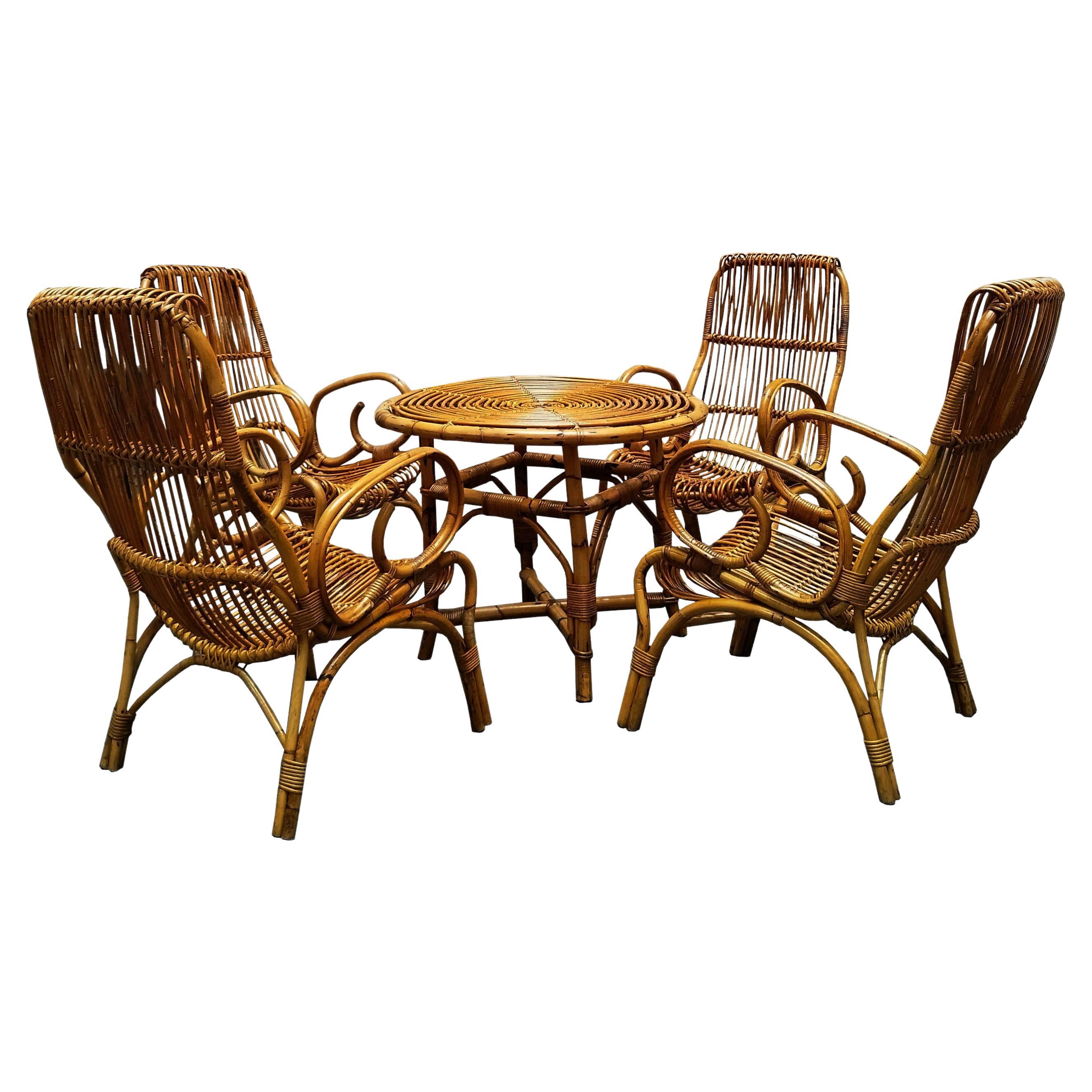 Rattan Round Dining Table Set with 4 Matching Chairs, Italy 1960s For Sale