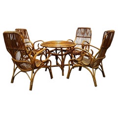 Retro Rattan Round Dining Table Set with 4 Matching Chairs, Italy 1960s