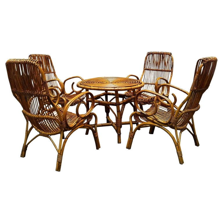Rattan Round Dining Table Set with 4 Matching Chairs, Italy 1960s For