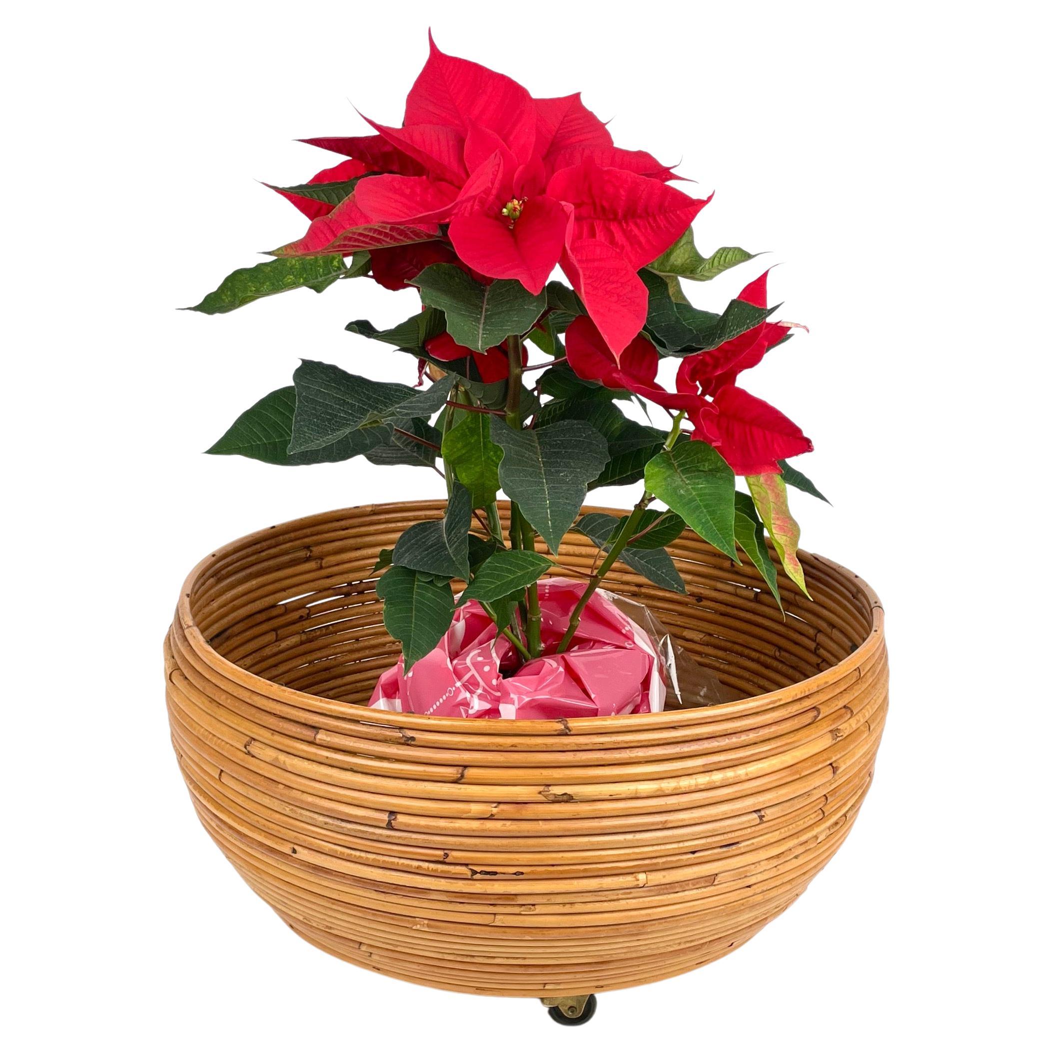 Round flower stand plant holder in rattan with wheels, in the style of Vivai Del Sud.

Made in Italy in the 1960s.