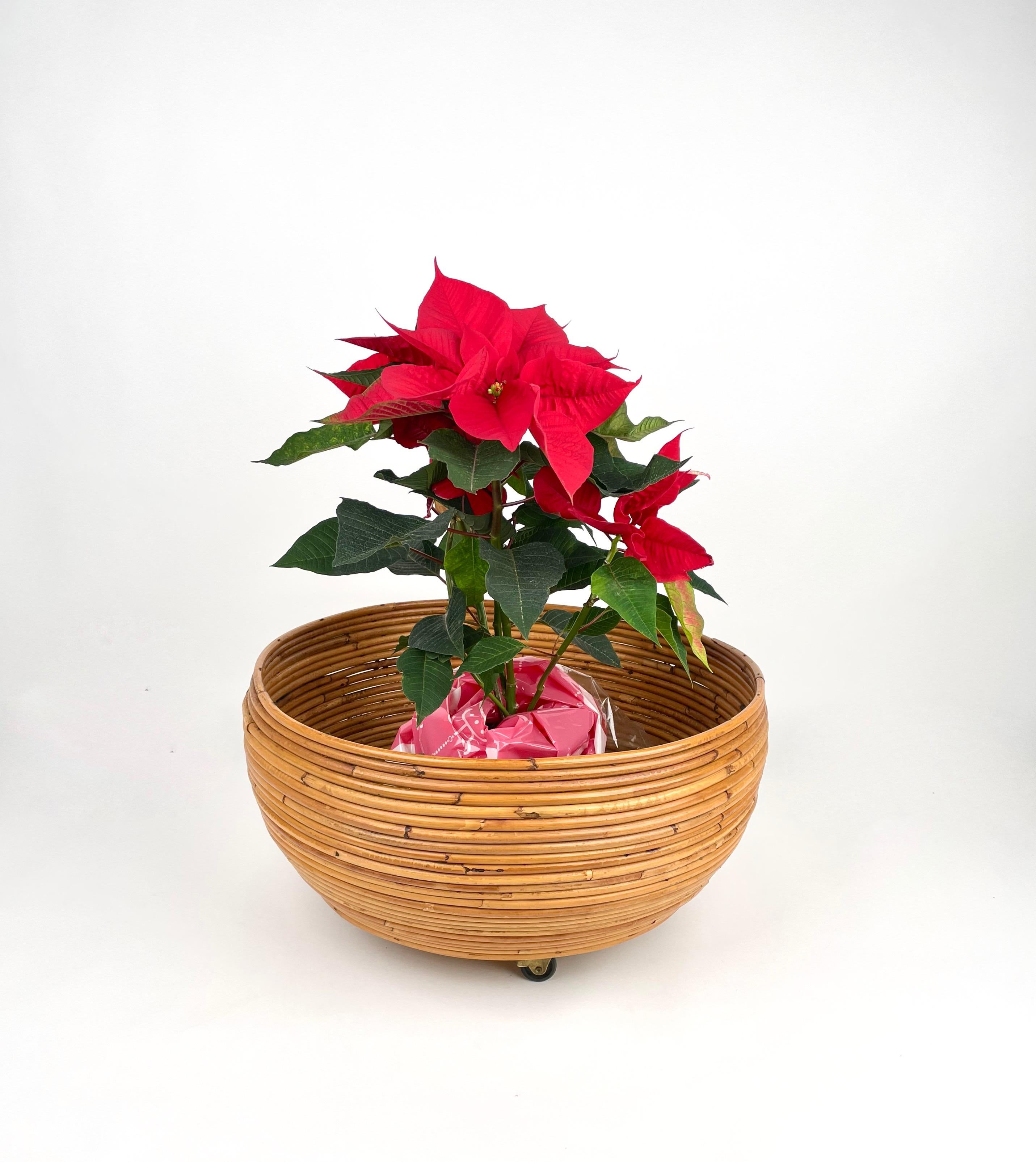Italian Rattan Round Flower Stand Plant Holder in the Style of Vivai Del Sud Italy 1960s For Sale