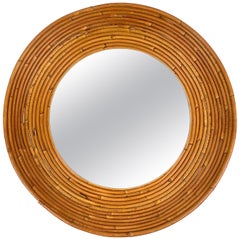 Rattan Round Leveled Wall Mirror Attributed to Vivai del Sud, Italy, 1960s