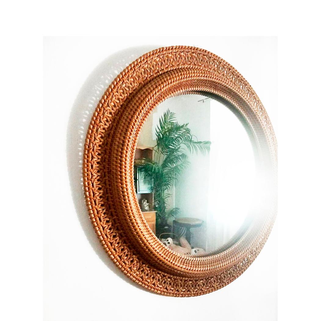 Miroir rond en rotin mi-siècle moderne en vente 5