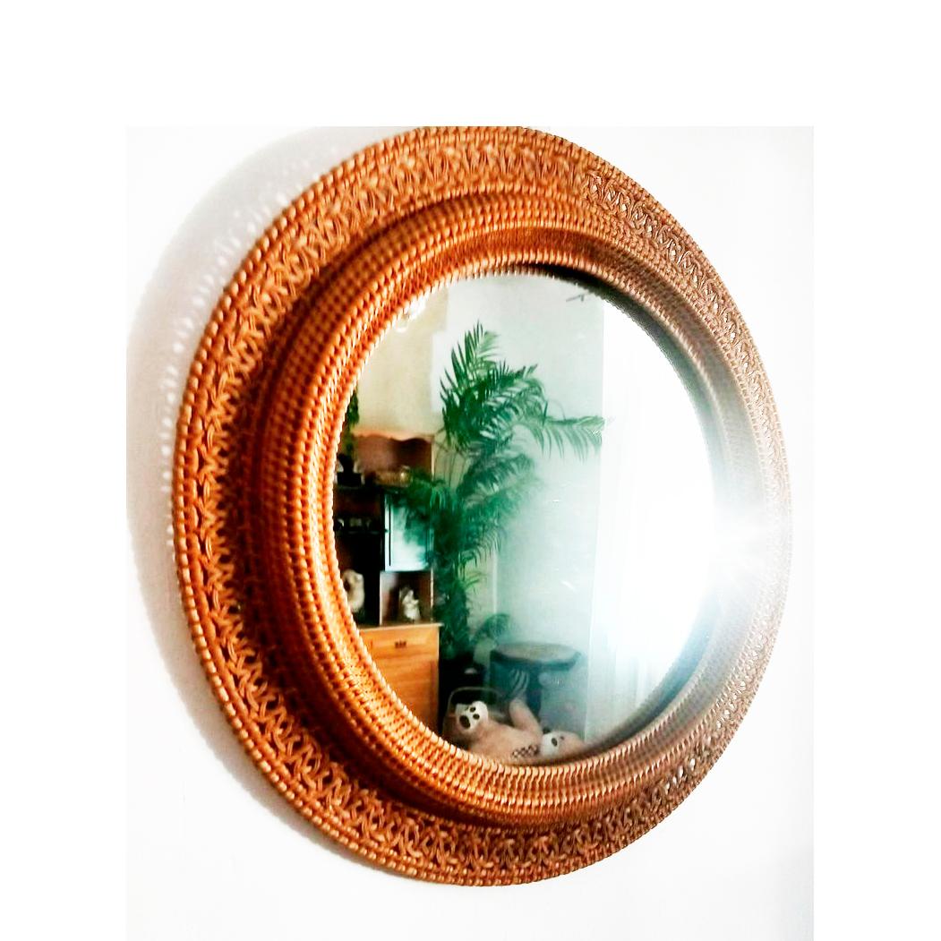 Miroir rond en rotin mi-siècle moderne Bon état - En vente à Mombuey, Zamora