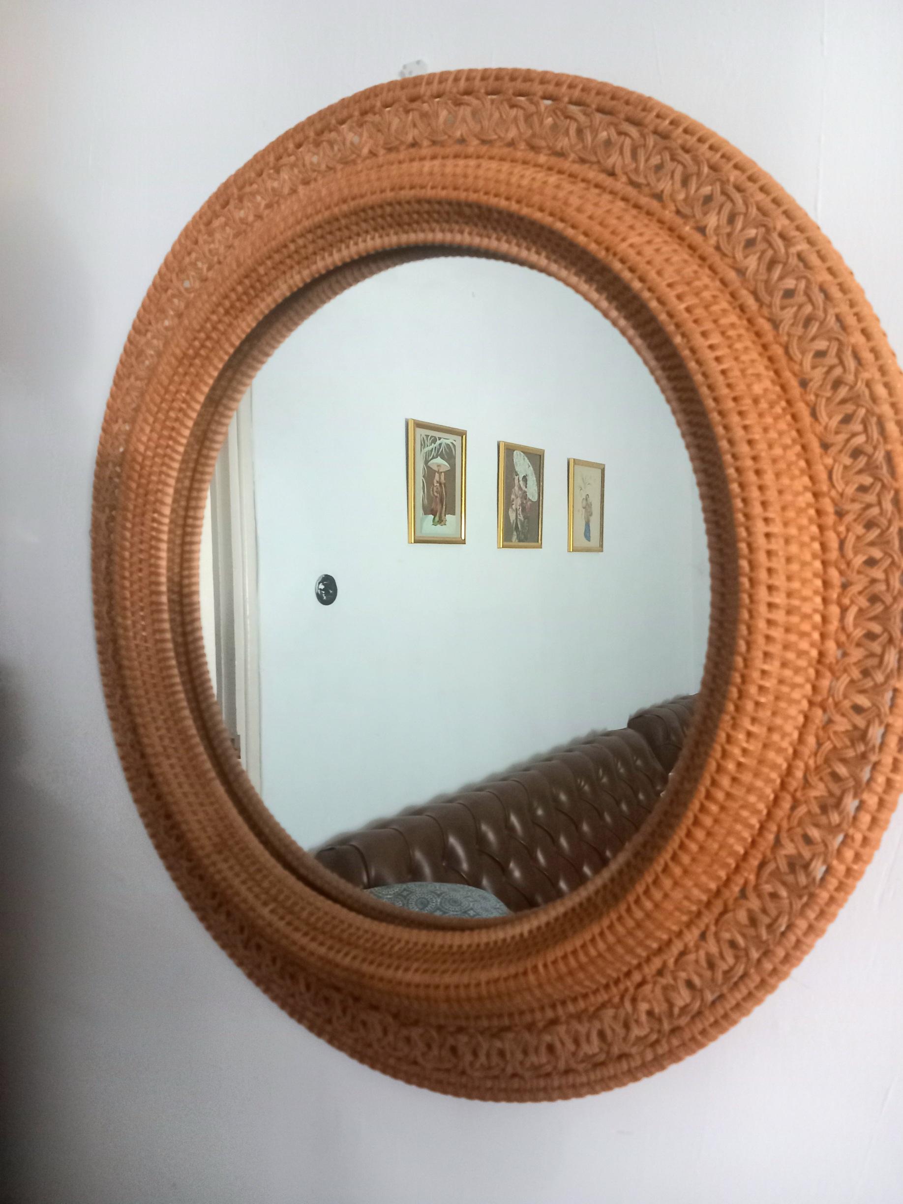 20th Century Rattan Round Mirror Mid Century Modern For Sale