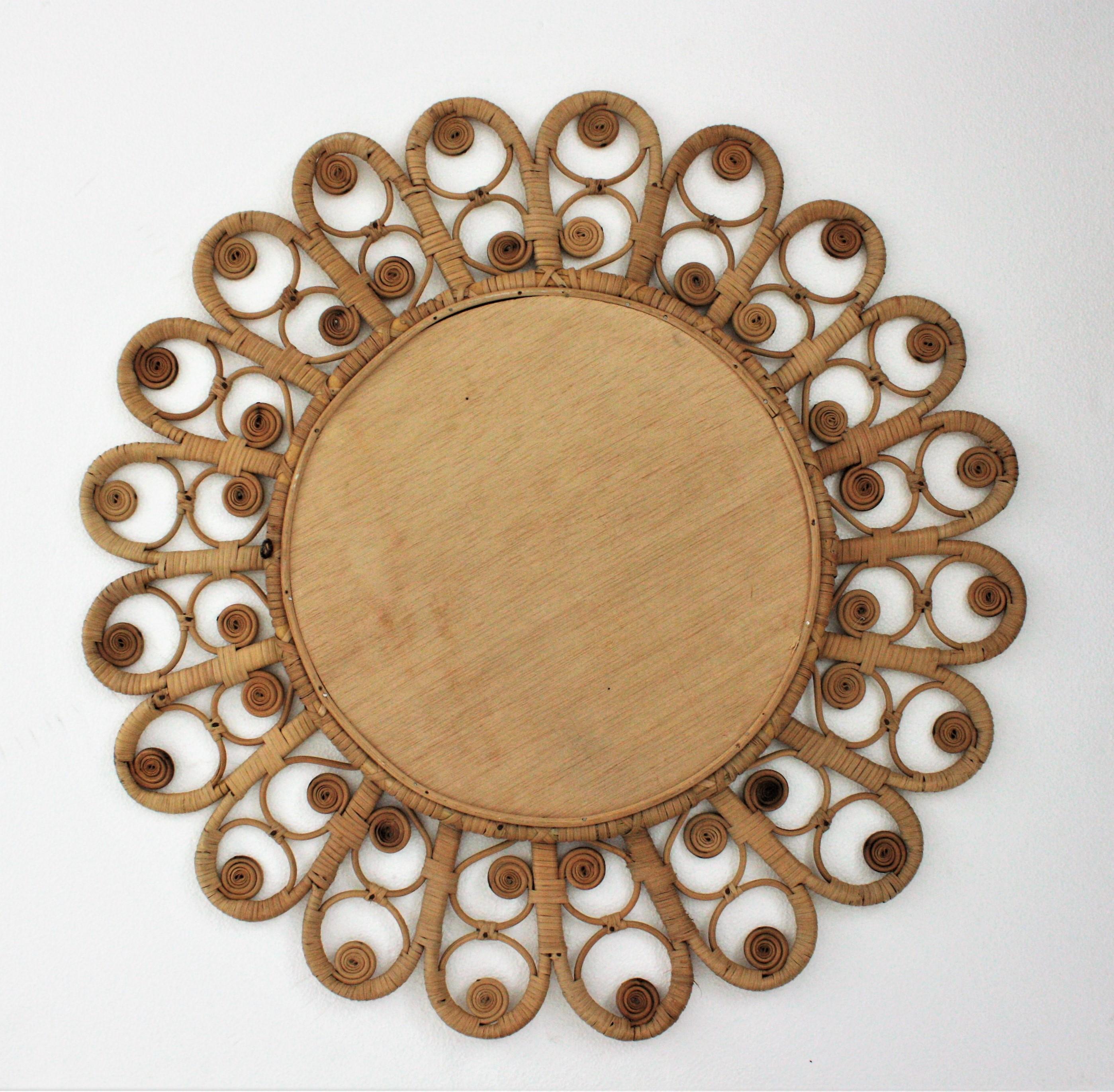Rattan Sunburst Mirror with Filigree Peacock Frame, Spain, 1960s In Good Condition For Sale In Barcelona, ES