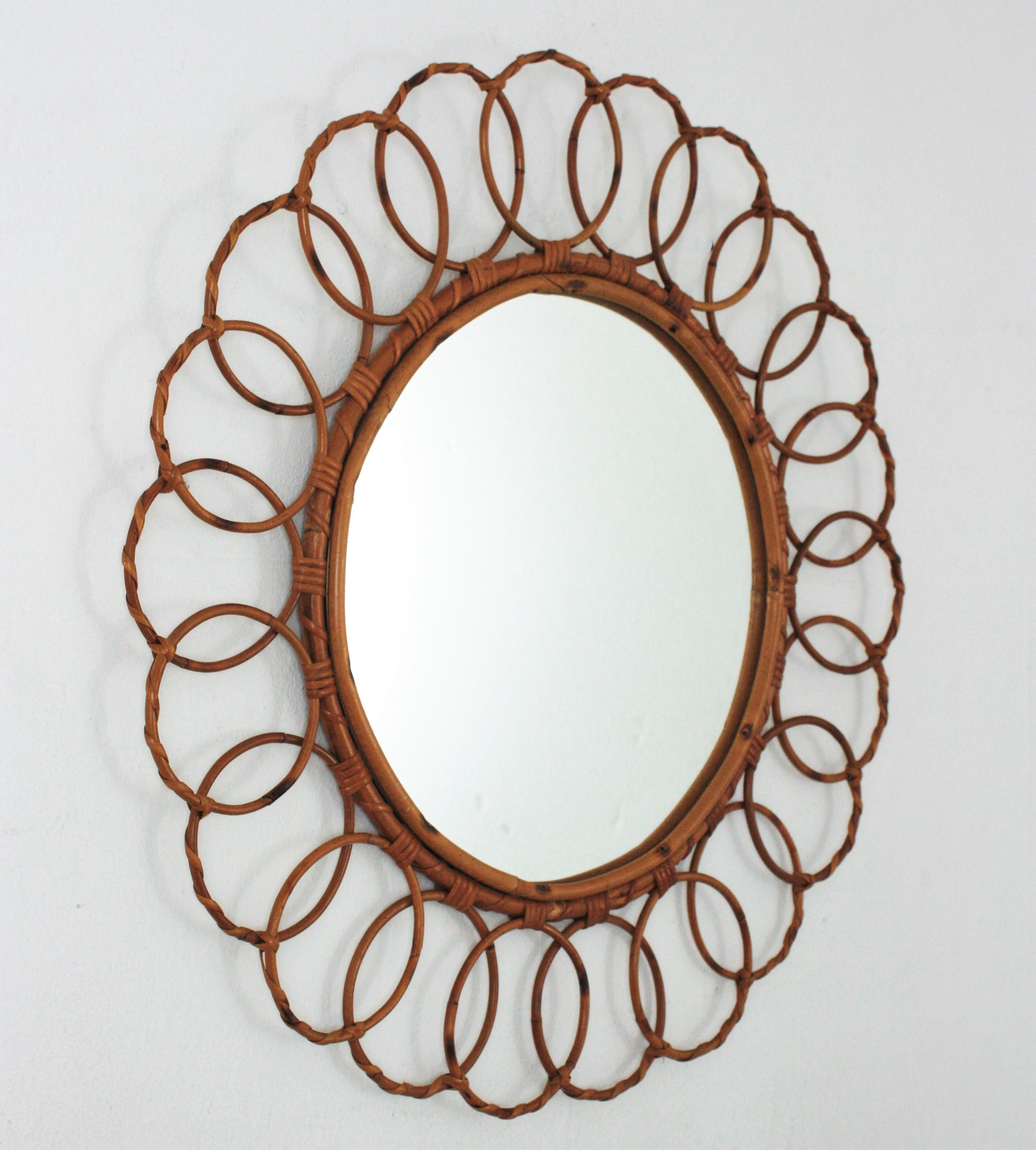 Rattan Round Mirror with Rings Frame, 1960s 3