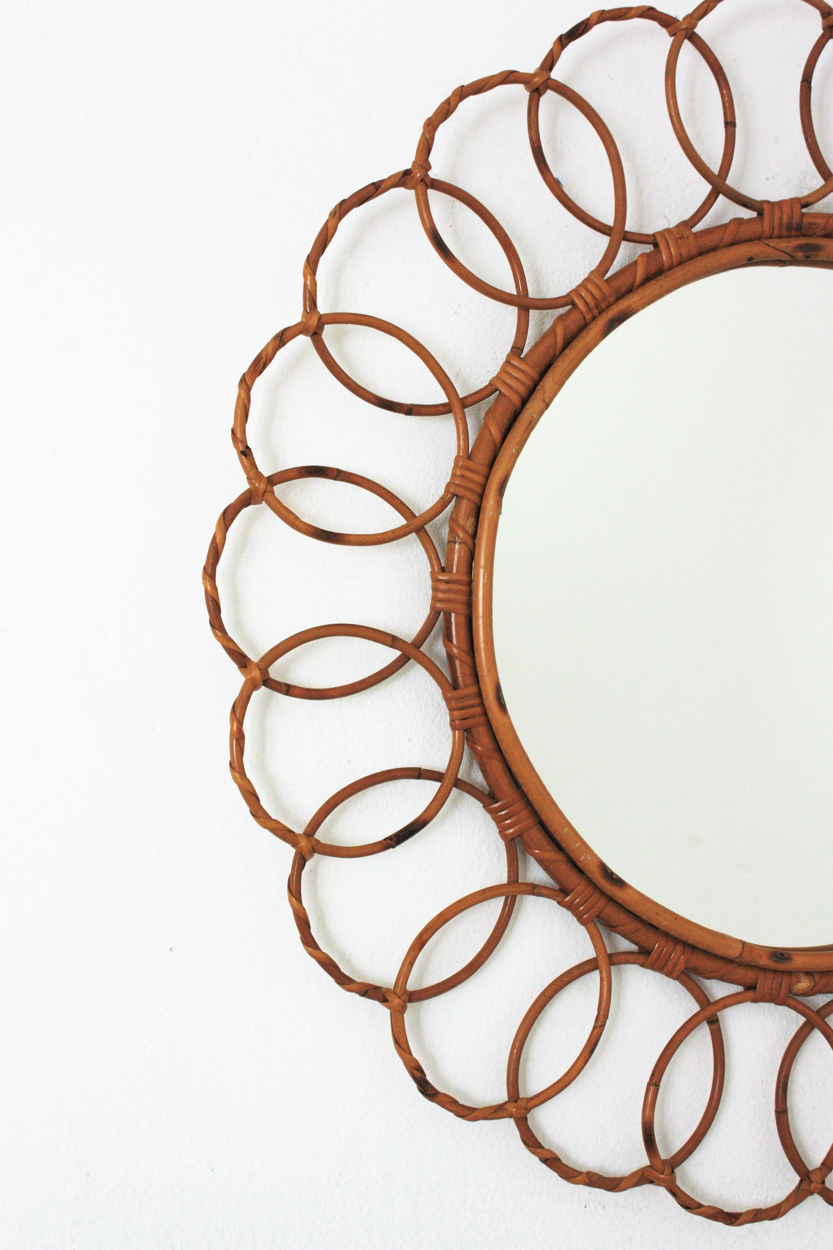 Mid-Century Modern Rattan Round Mirror with Rings Frame, 1960s