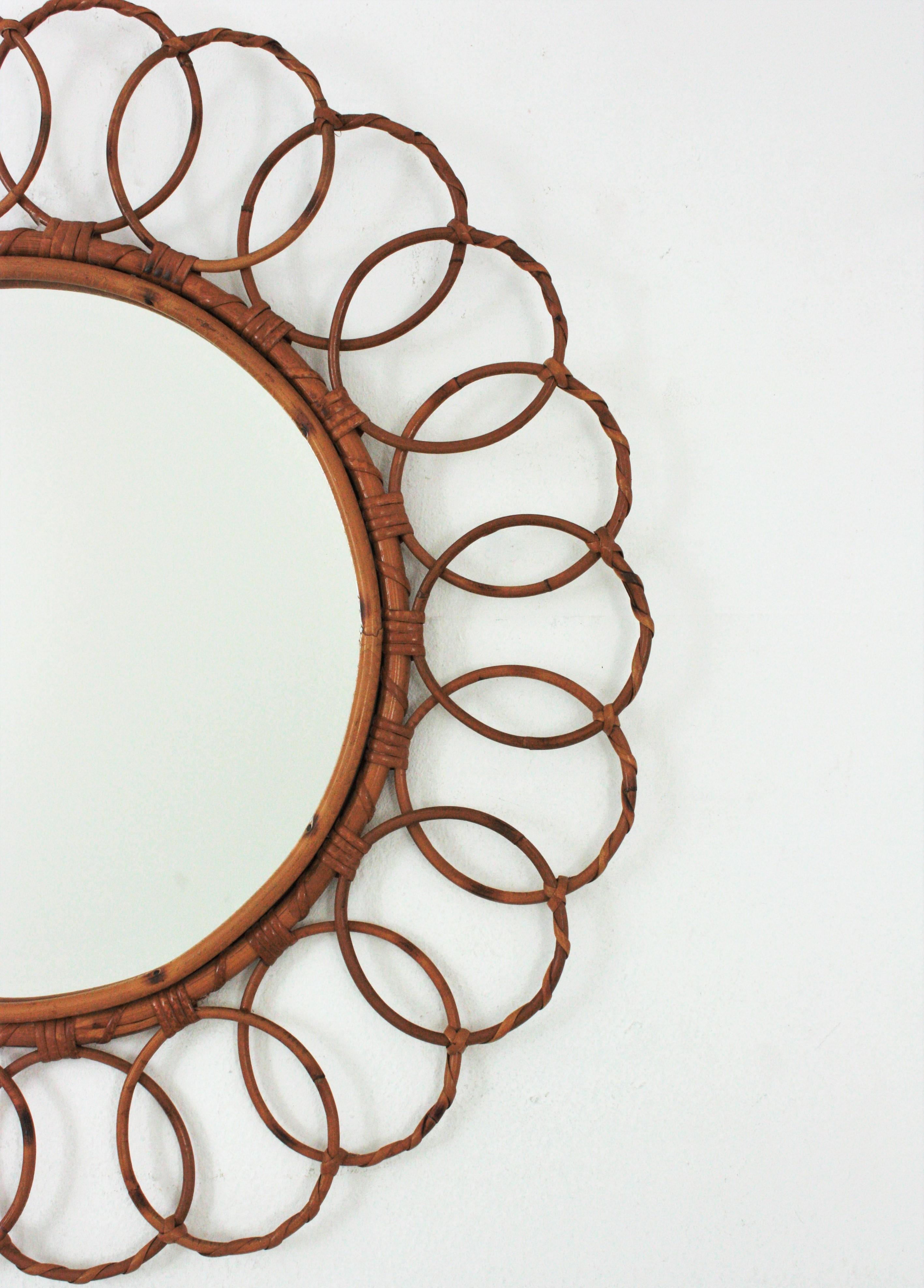 Spanish Rattan Round Mirror with Rings Frame, 1960s