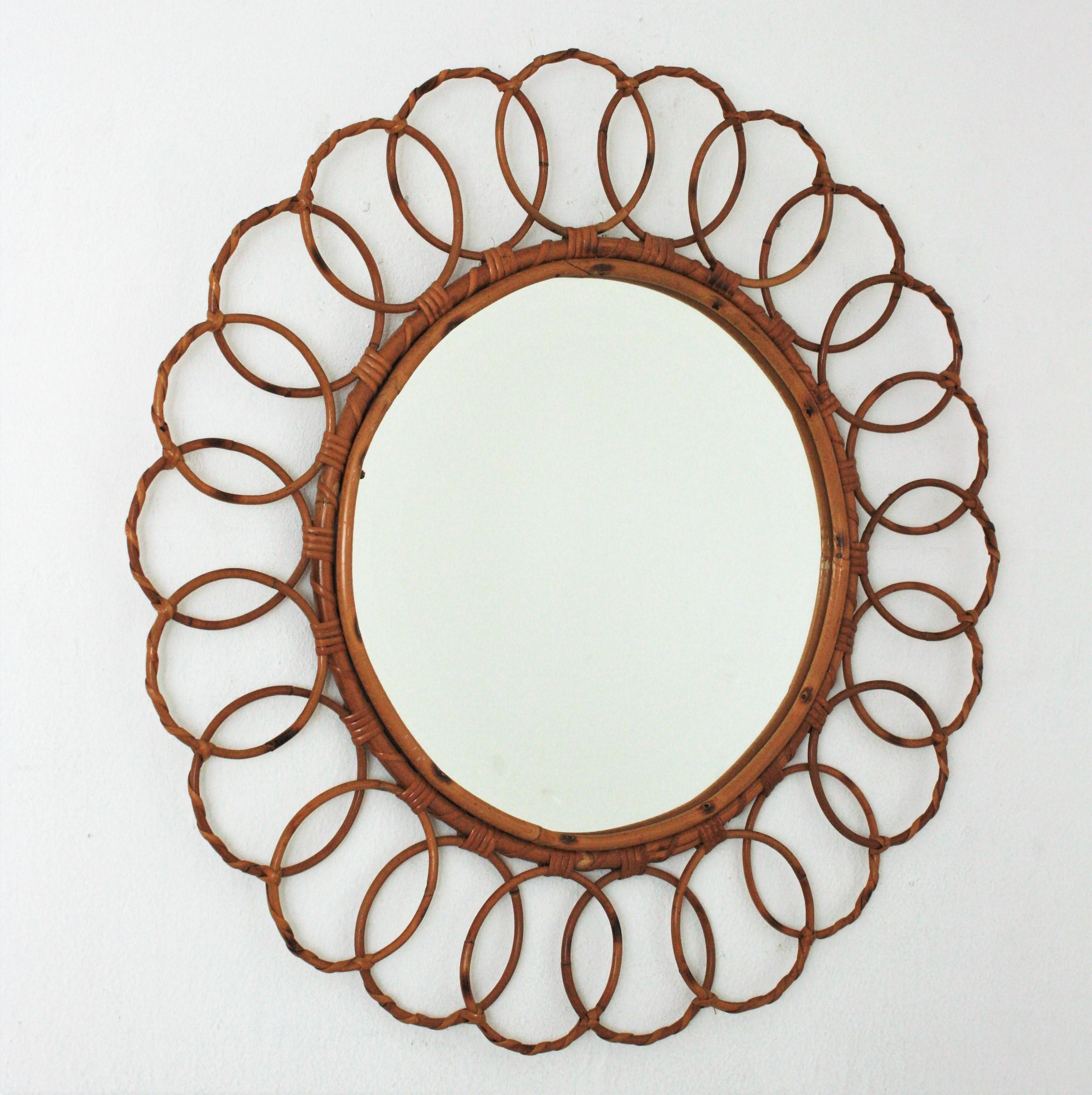 Rattan Round Mirror with Rings Frame, 1960s In Good Condition In Barcelona, ES